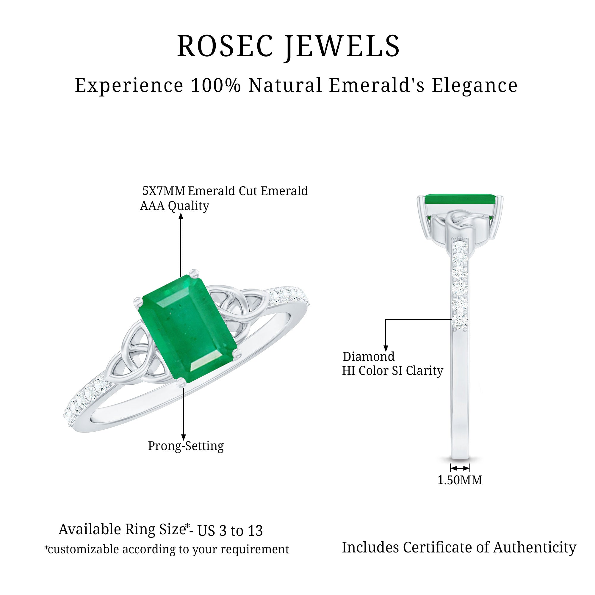 Emerald Diamond Engagement Ring – 5X7 mm Emerald Cut, Celtic Knot Solitaire Design