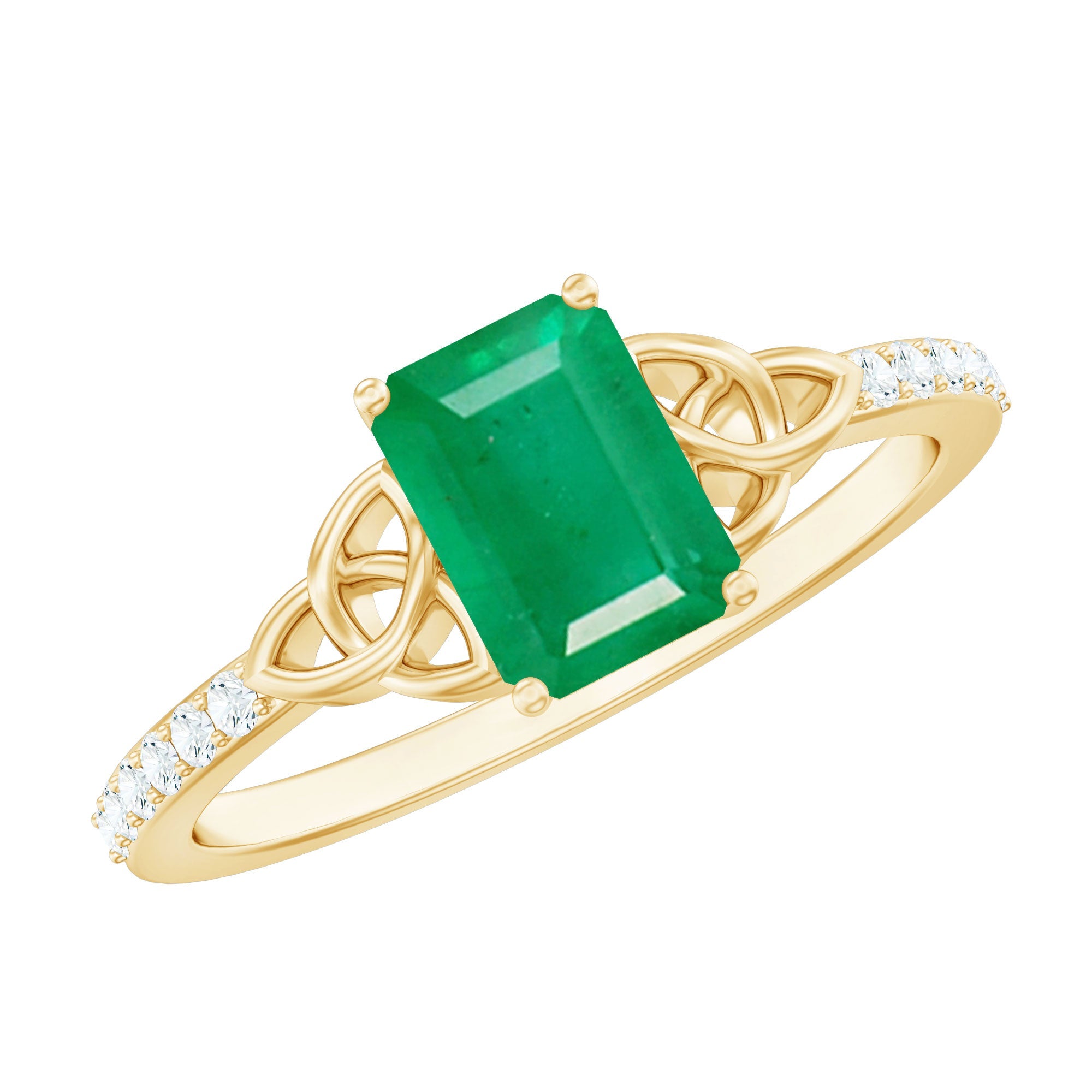 Emerald Diamond Engagement Ring – 5X7 mm Emerald Cut, Celtic Knot Solitaire Design