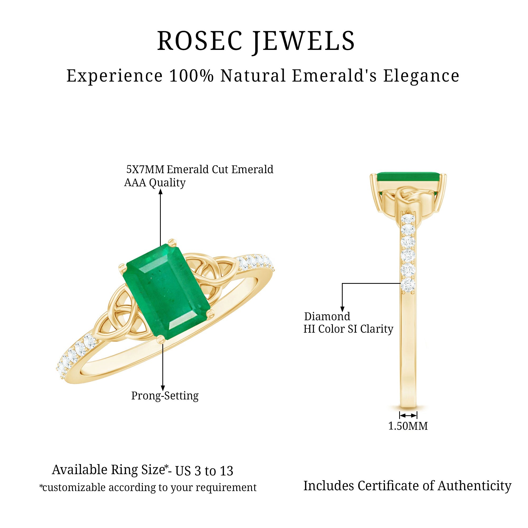 Emerald Diamond Engagement Ring – 5X7 mm Emerald Cut, Celtic Knot Solitaire Design