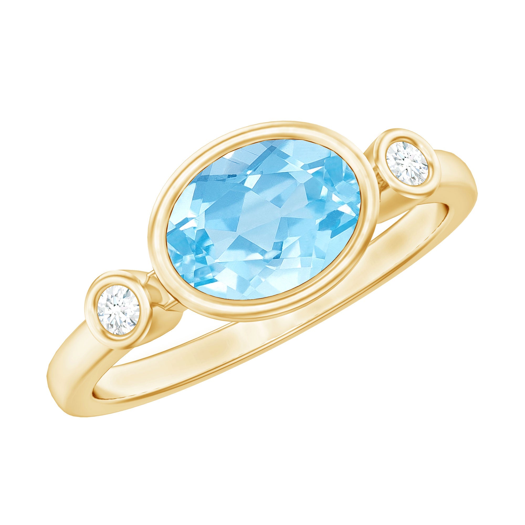 Aquamarine Engagement Ring – Oval Bezel Set East West Diamond Band