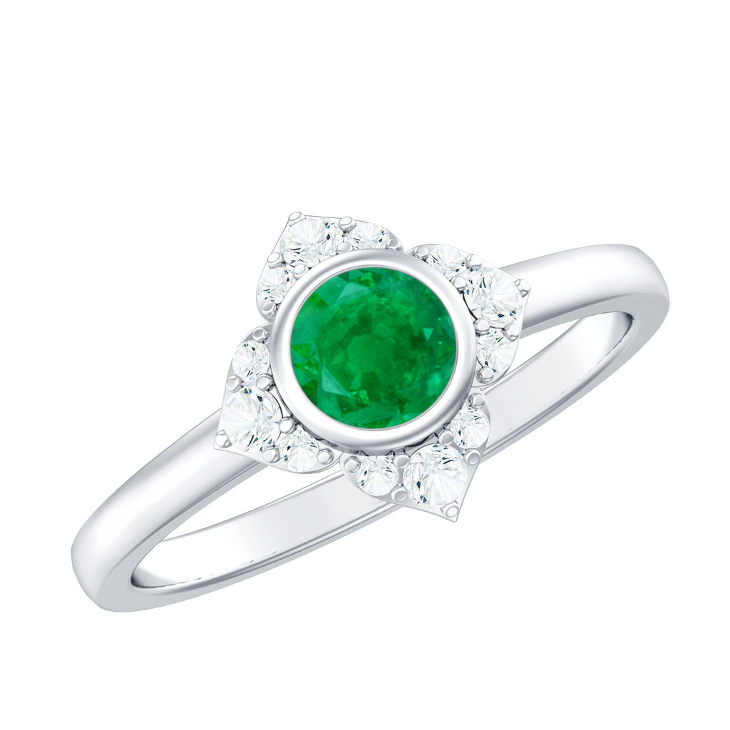 Emerald Engagement Ring – Bezel Set 5mm Round Cut Emerald Flower Design with Diamond Accents