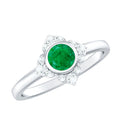 Emerald Engagement Ring – Bezel Set 5mm Round Cut Emerald Flower Design with Diamond Accents