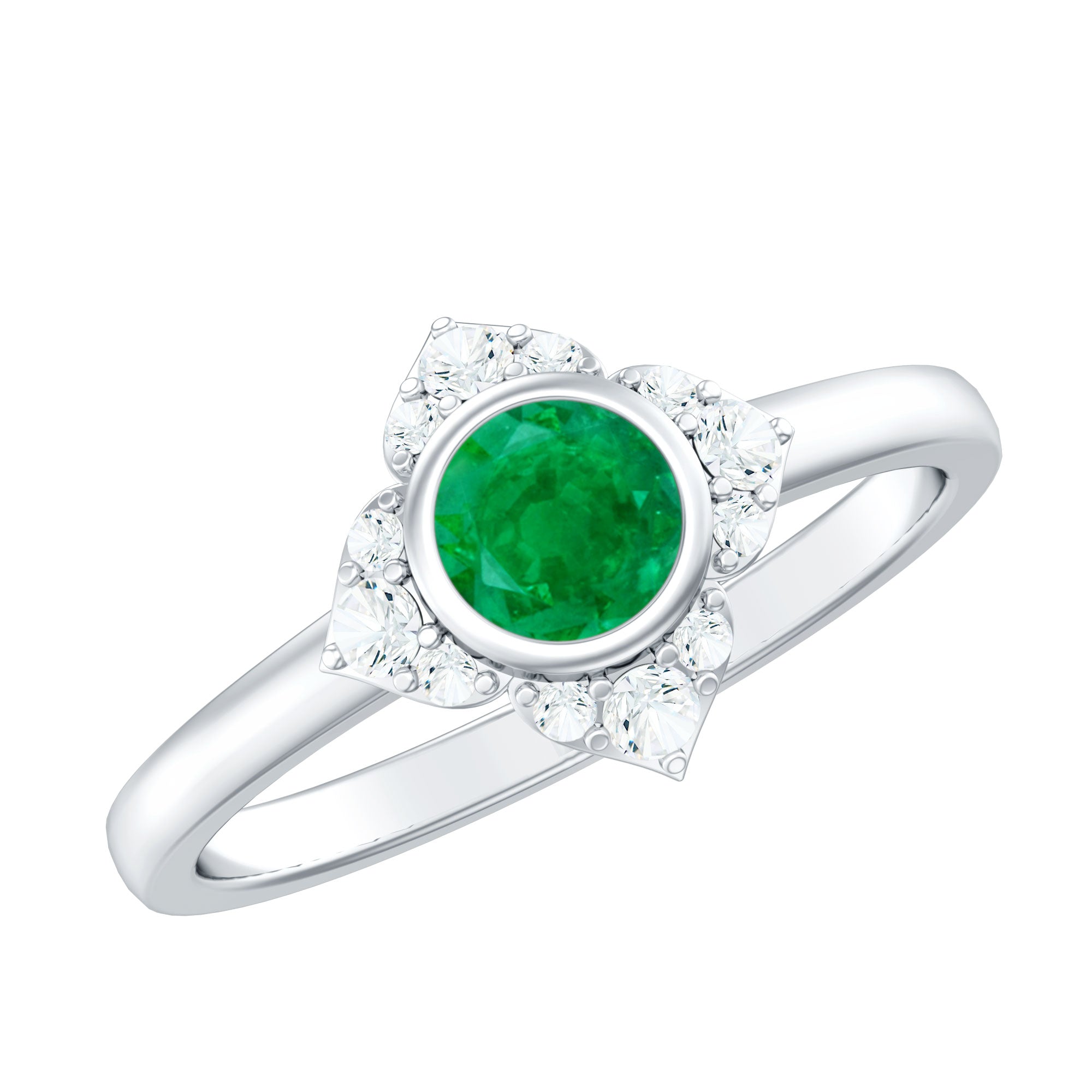 Emerald Engagement Ring – Bezel Set 5mm Round Cut Emerald Flower Design with Diamond Accents