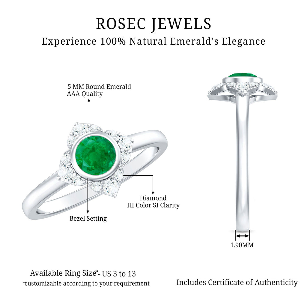Emerald Engagement Ring – Bezel Set 5mm Round Cut Emerald Flower Design with Diamond Accents