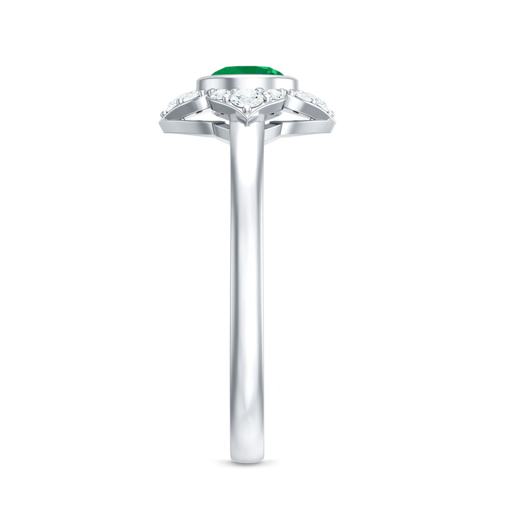 Emerald Engagement Ring – Bezel Set 5mm Round Cut Emerald Flower Design with Diamond Accents