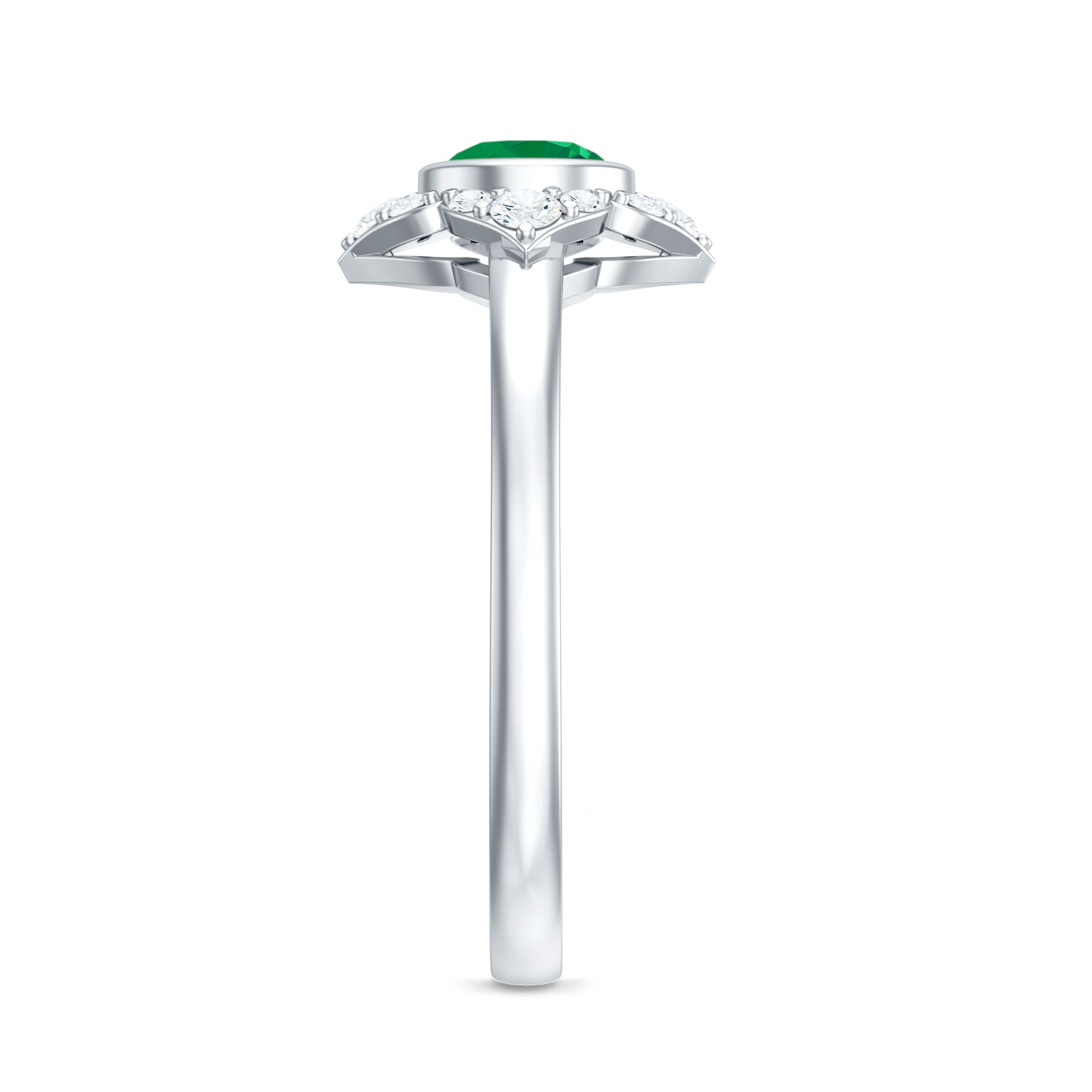 Emerald Engagement Ring – Bezel Set 5mm Round Cut Emerald Flower Design with Diamond Accents