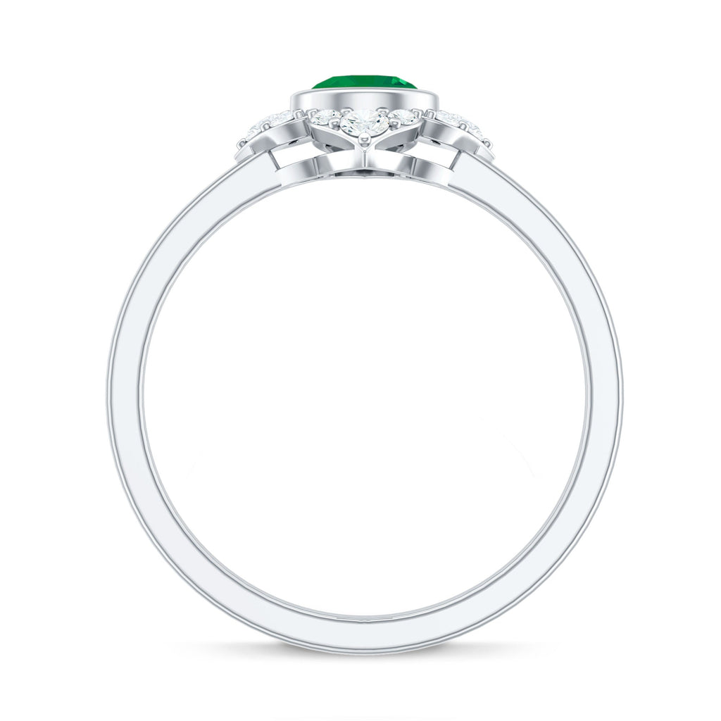Emerald Engagement Ring – Bezel Set 5mm Round Cut Emerald Flower Design with Diamond Accents