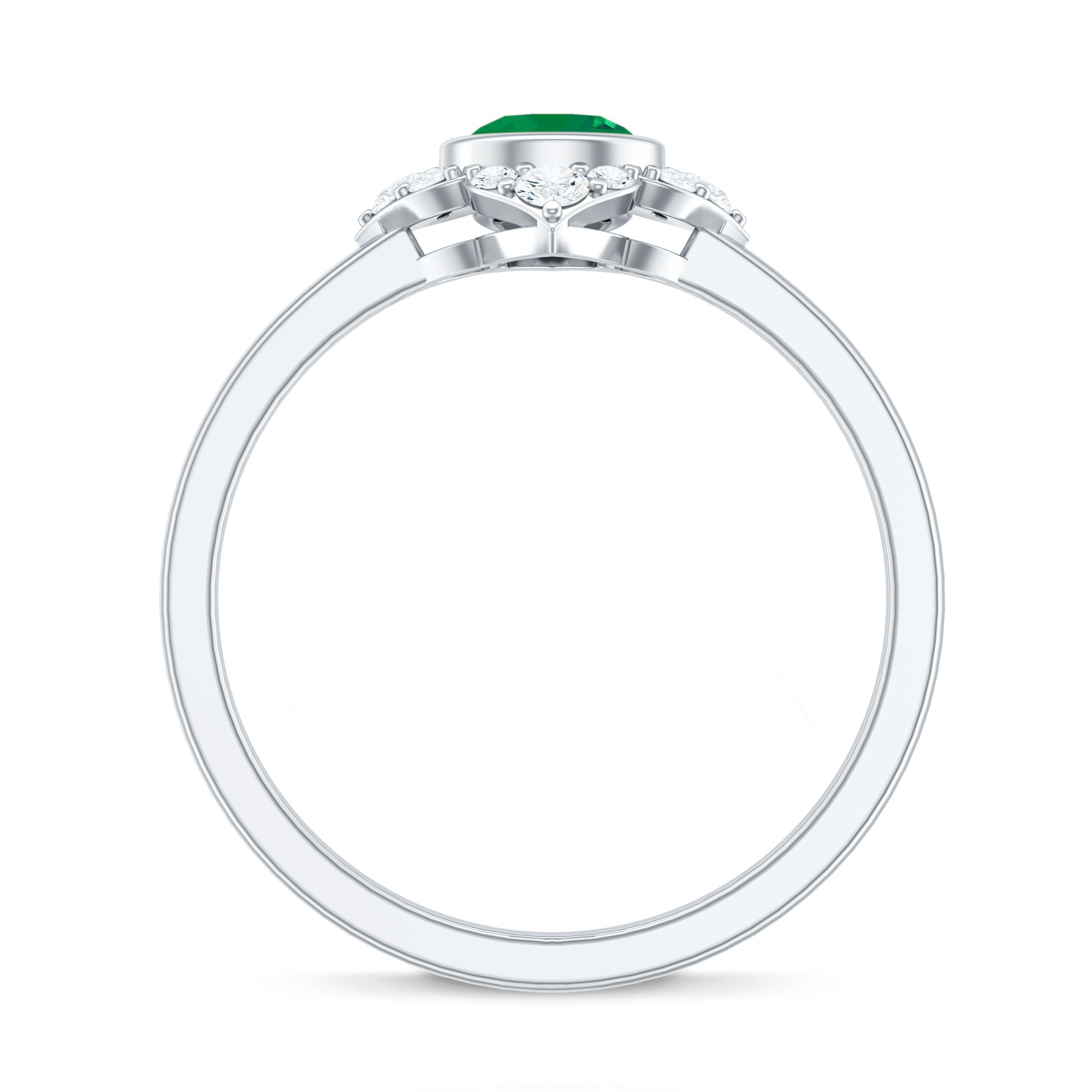 Emerald Engagement Ring – Bezel Set 5mm Round Cut Emerald Flower Design with Diamond Accents