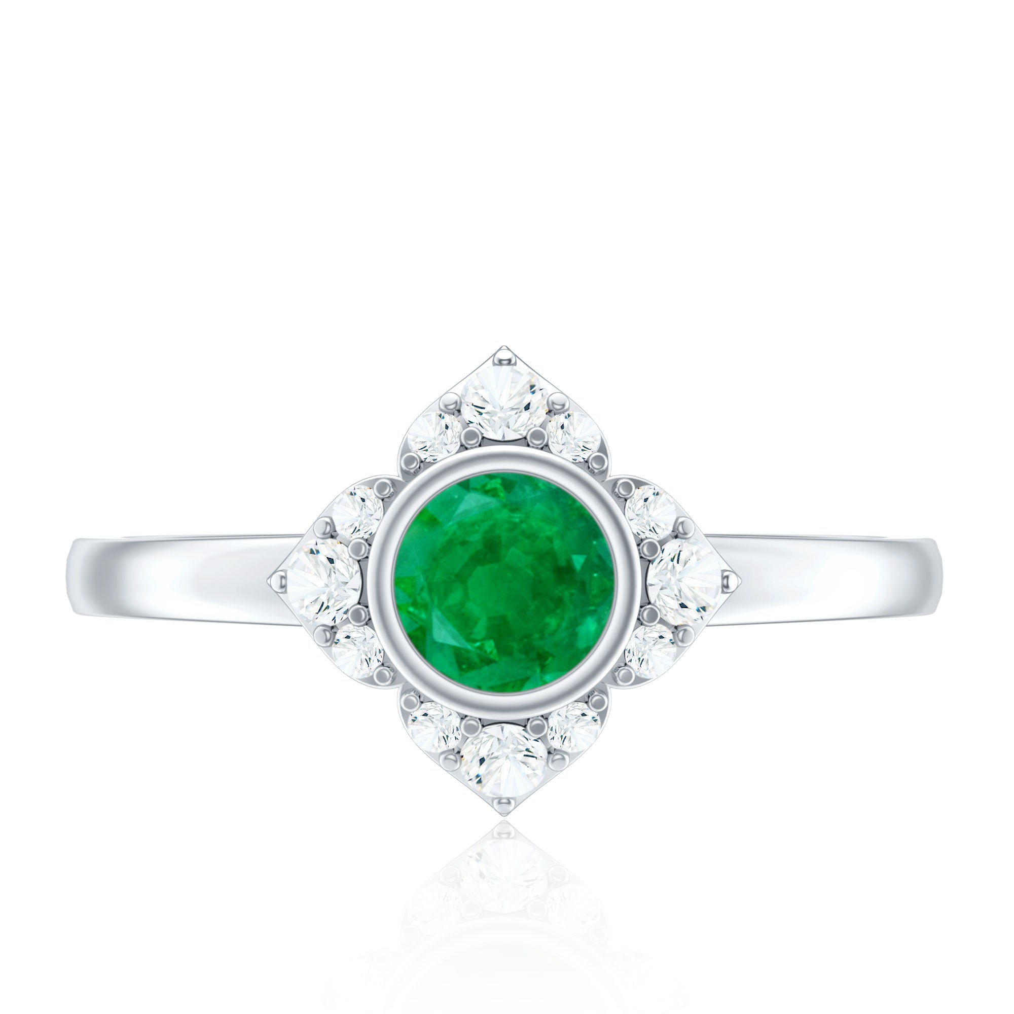 Emerald Engagement Ring – Bezel Set 5mm Round Cut Emerald Flower Design with Diamond Accents