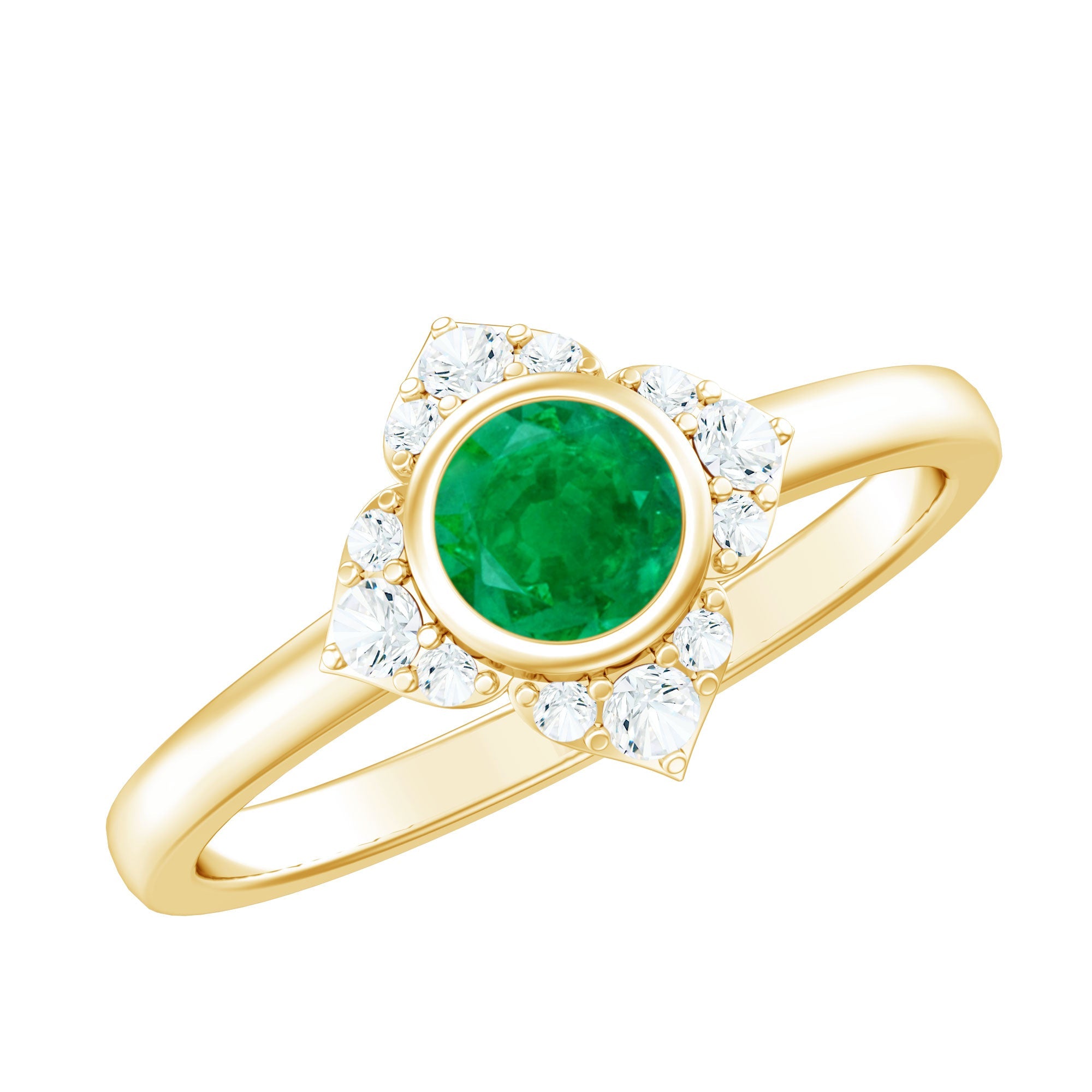 Emerald Engagement Ring – Bezel Set 5mm Round Cut Emerald Flower Design with Diamond Accents