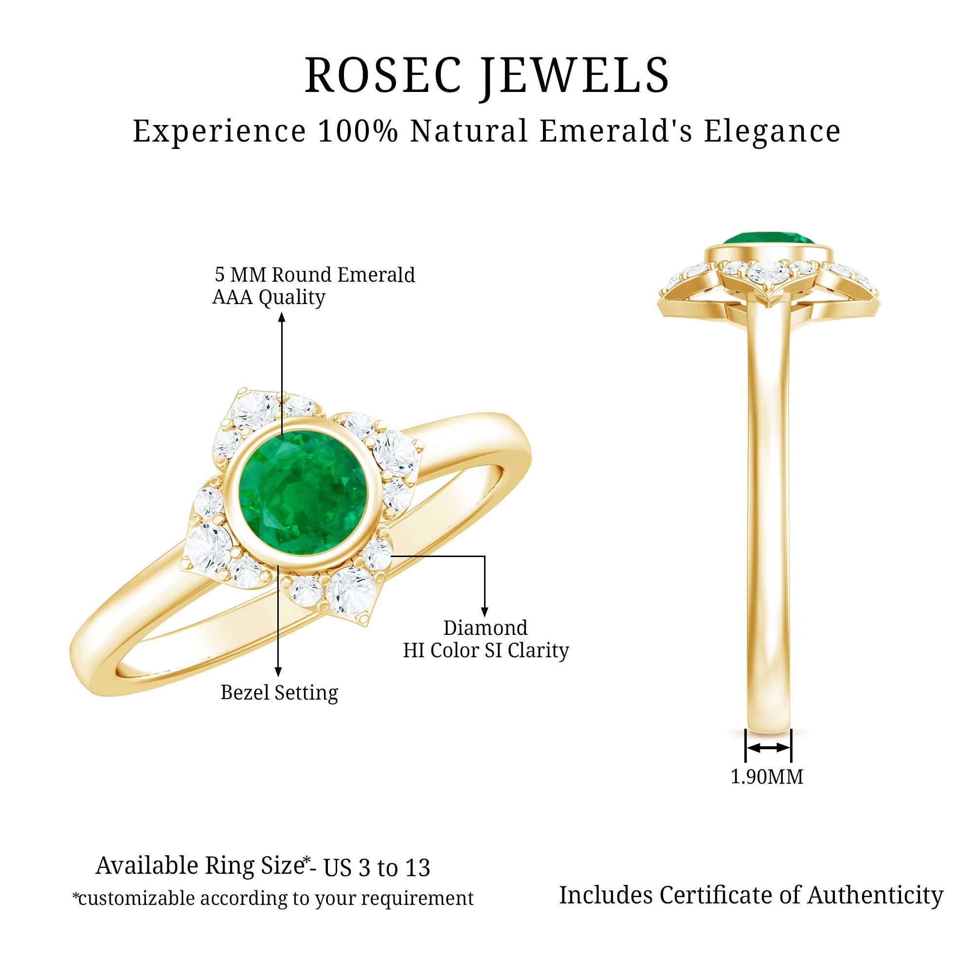 Emerald Engagement Ring – Bezel Set 5mm Round Cut Emerald Flower Design with Diamond Accents