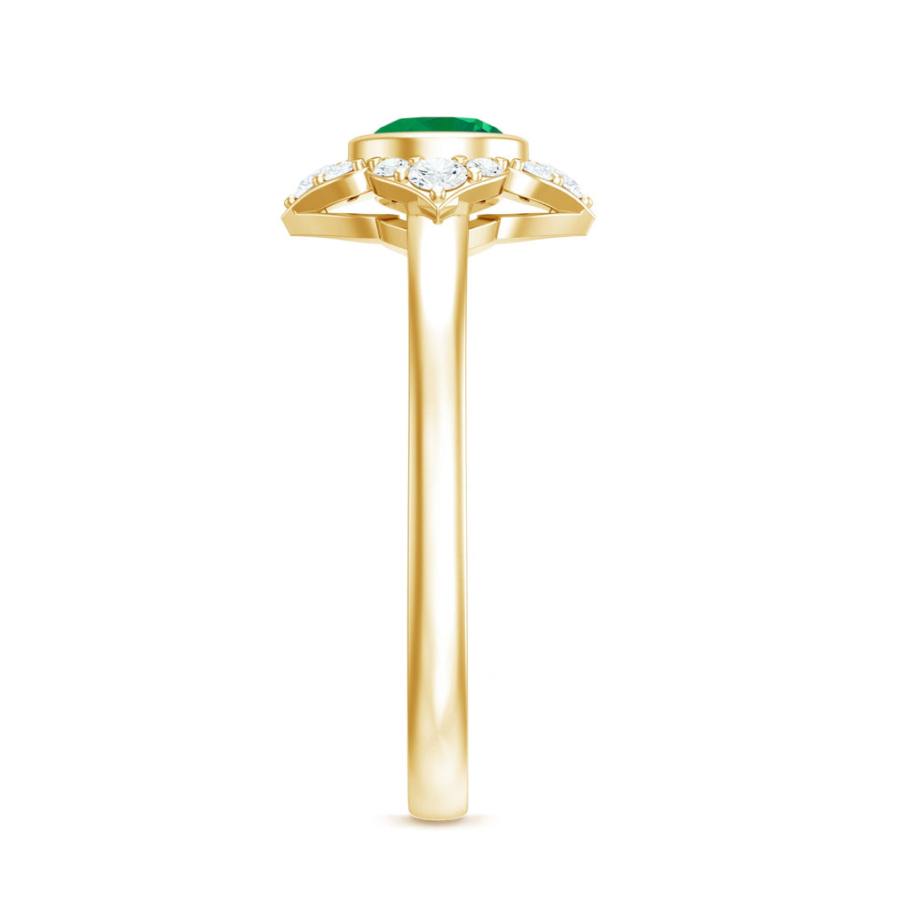 Emerald Engagement Ring – Bezel Set 5mm Round Cut Emerald Flower Design with Diamond Accents
