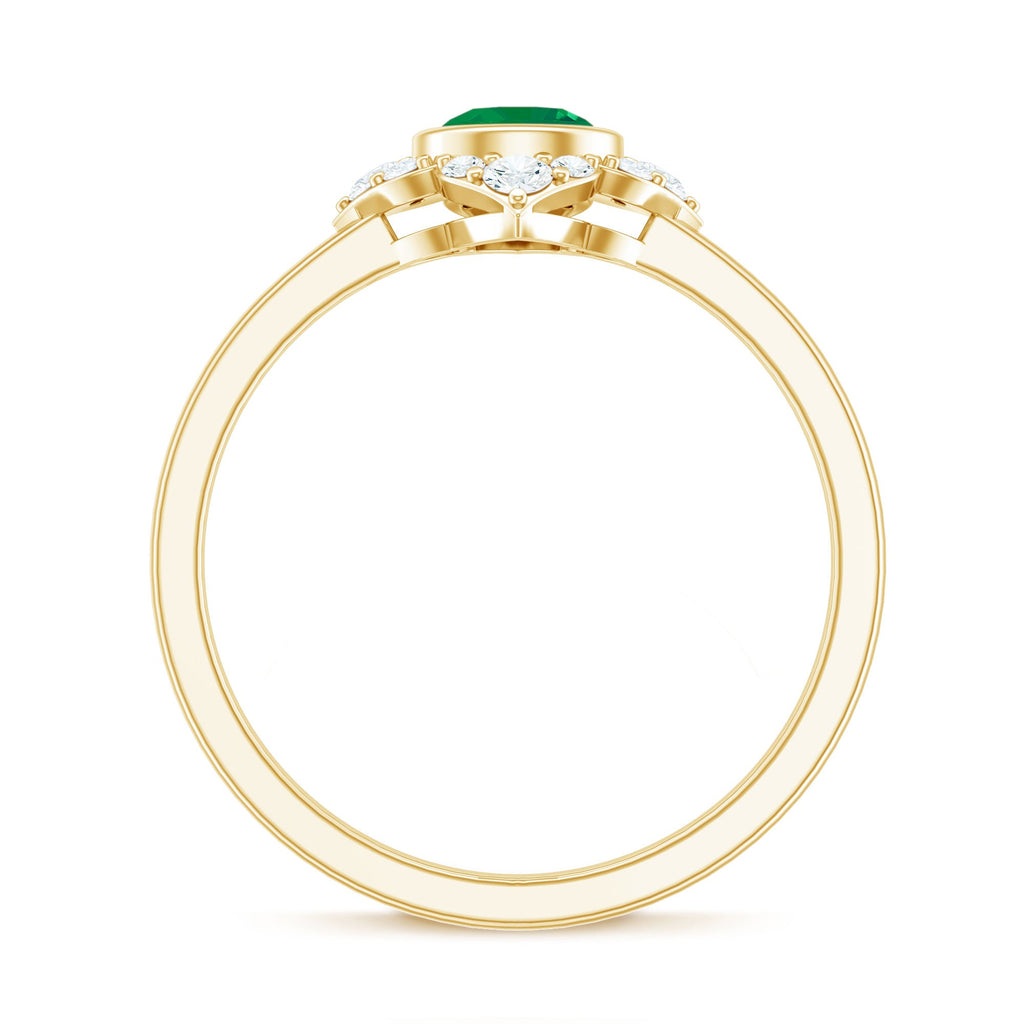 Emerald Engagement Ring – Bezel Set 5mm Round Cut Emerald Flower Design with Diamond Accents