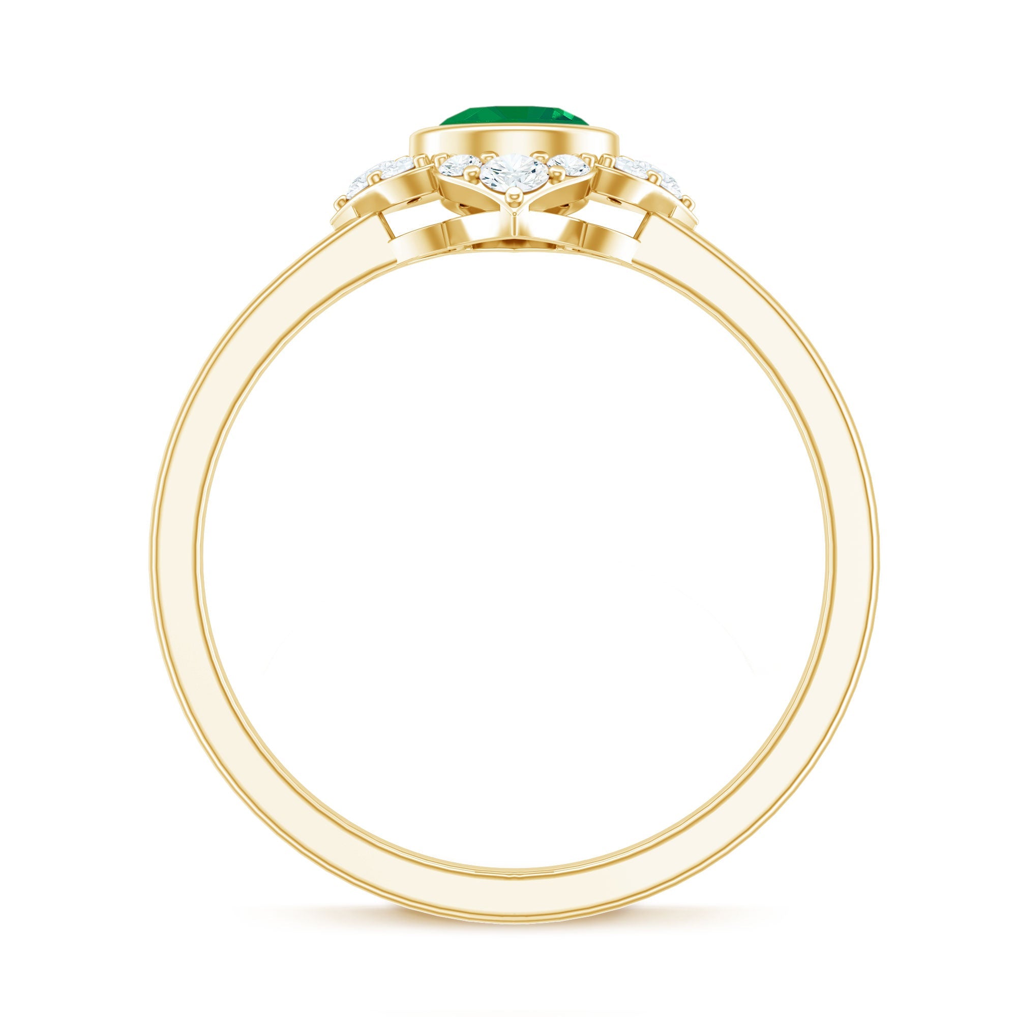 Emerald Engagement Ring – Bezel Set 5mm Round Cut Emerald Flower Design with Diamond Accents