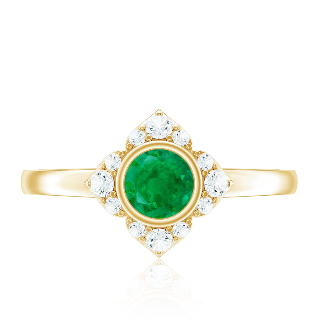 Emerald Engagement Ring – Bezel Set 5mm Round Cut Emerald Flower Design with Diamond Accents