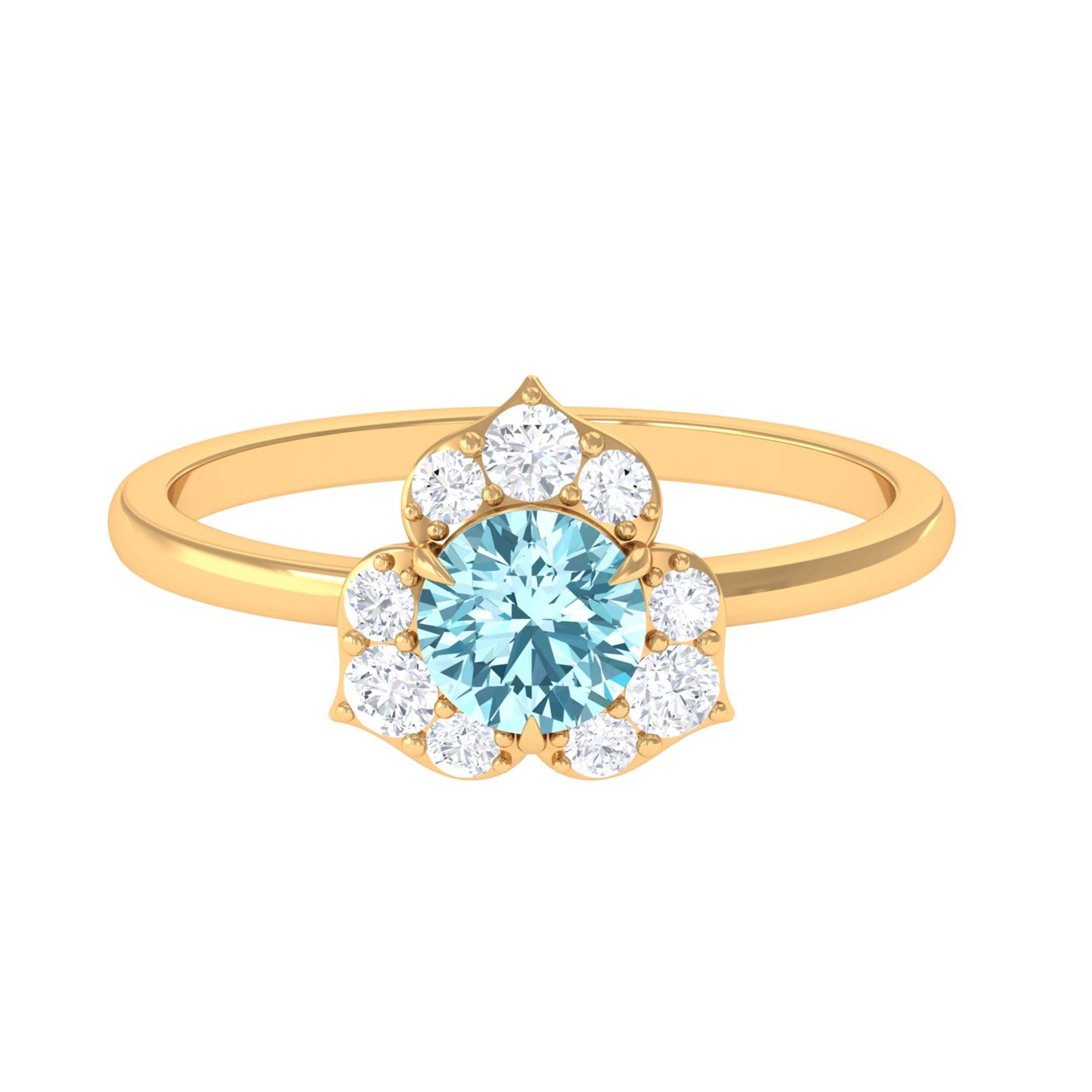 Aquamarine Engagement Ring – 6mm Round AAA Quality Blue Gemstone with Floral Halo Design