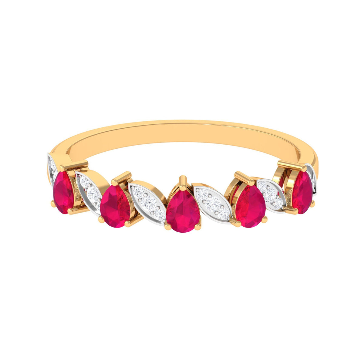 Pear Shape Ruby Ring – Half Eternity Band With Diamond Wedding Band | Elegant Red Jewelry