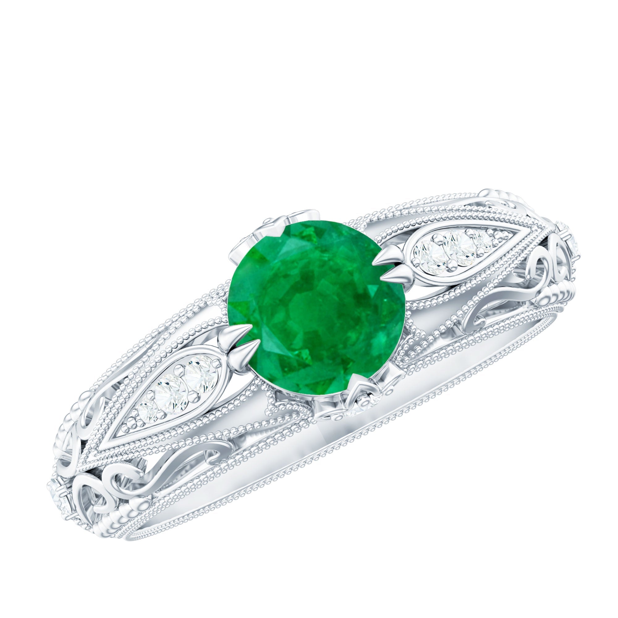 Emerald Engagement Ring – Vintage Inspired Solitaire Emerald Diamond Band