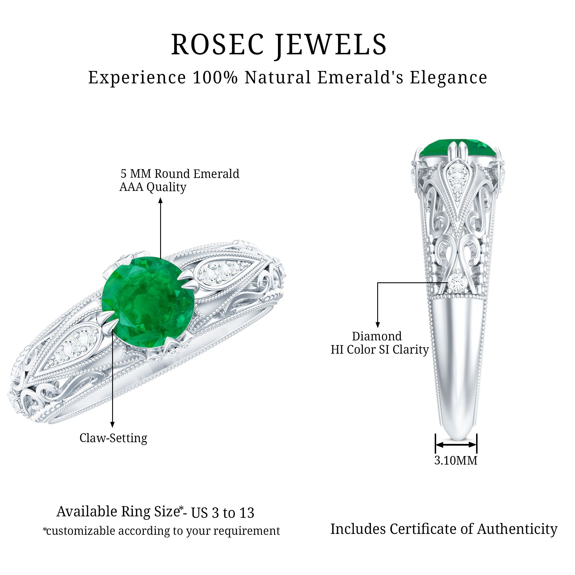 Emerald Engagement Ring – Vintage Inspired Solitaire Emerald Diamond Band