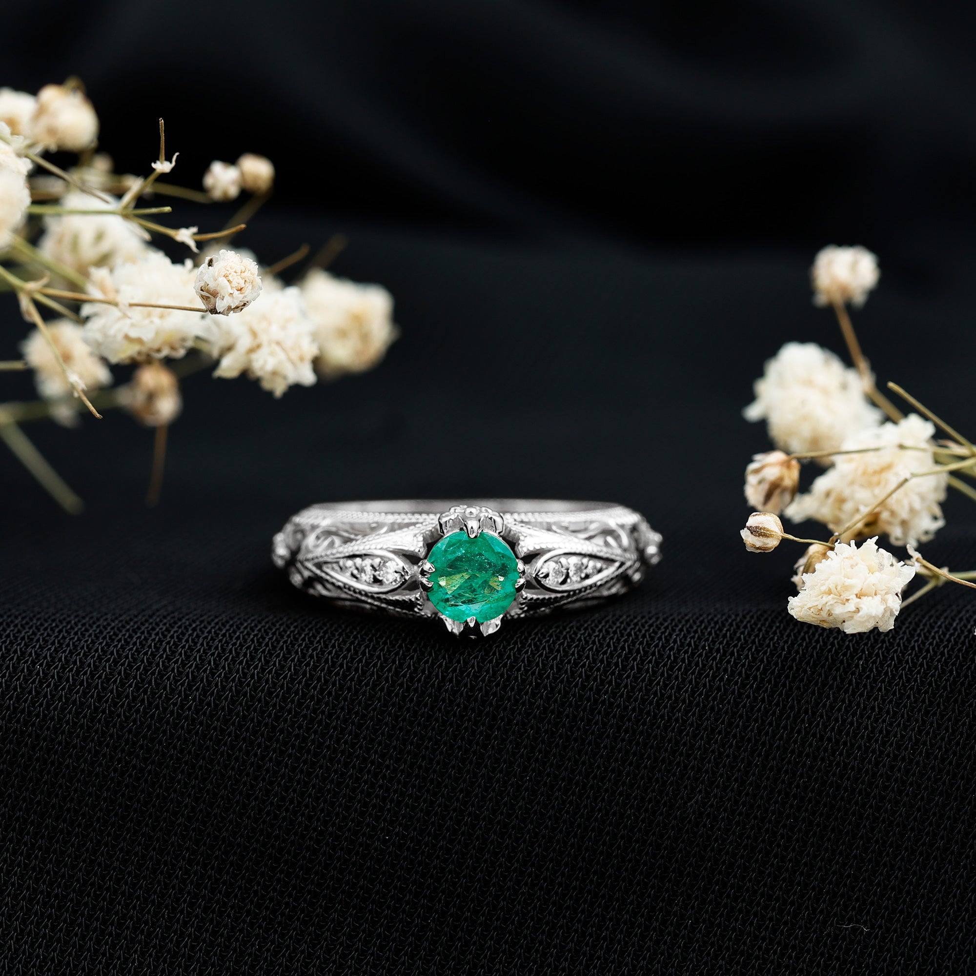 Emerald Engagement Ring – Vintage Inspired Solitaire Emerald Diamond Band