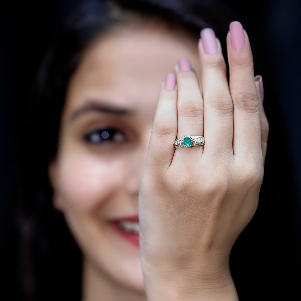 Emerald Engagement Ring – Vintage Inspired Solitaire Emerald Diamond Band