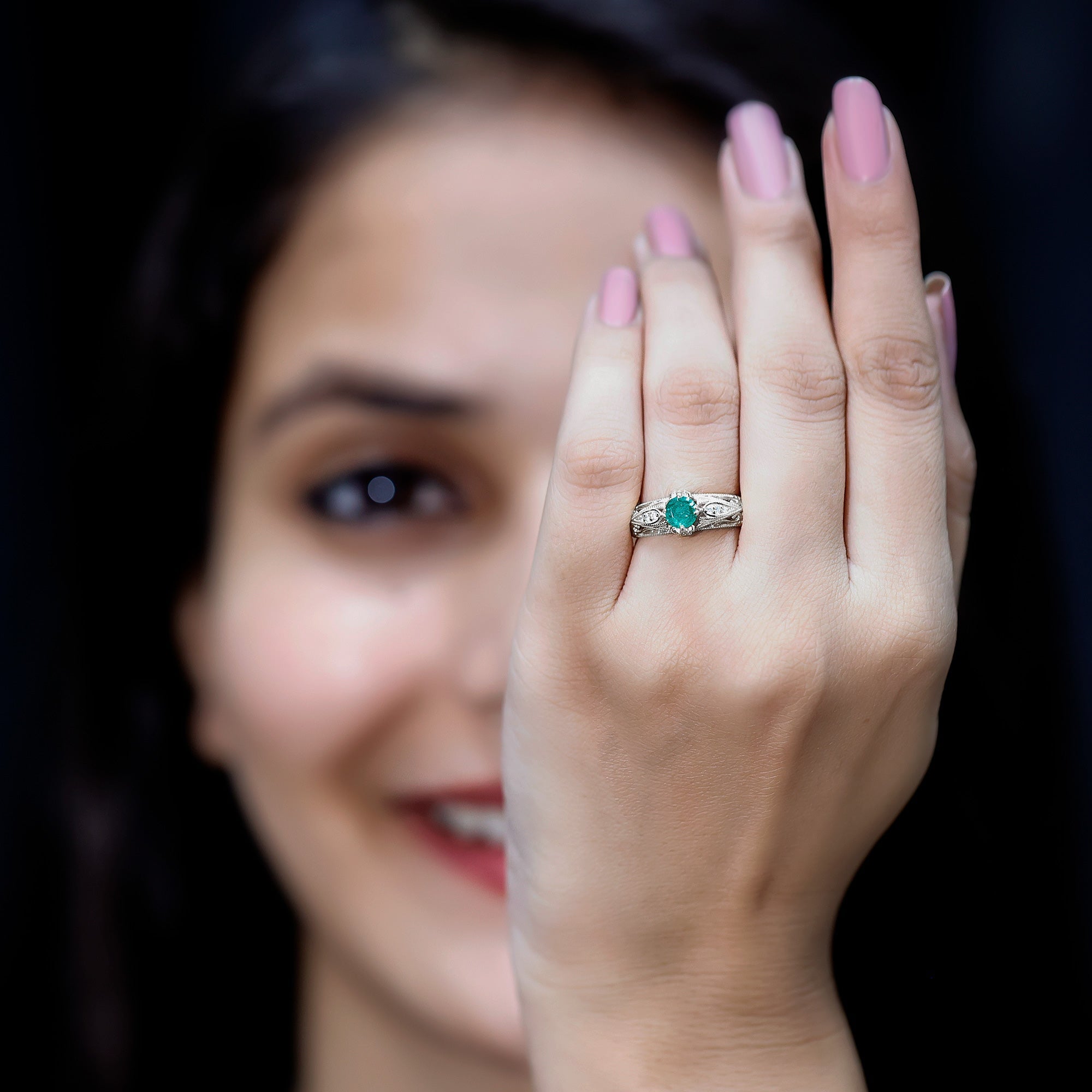 Emerald Engagement Ring – Vintage Inspired Solitaire Emerald Diamond Band