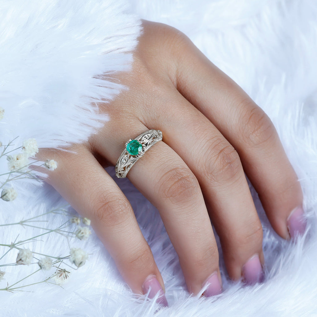 Emerald Engagement Ring – Vintage Inspired Solitaire Emerald Diamond Band