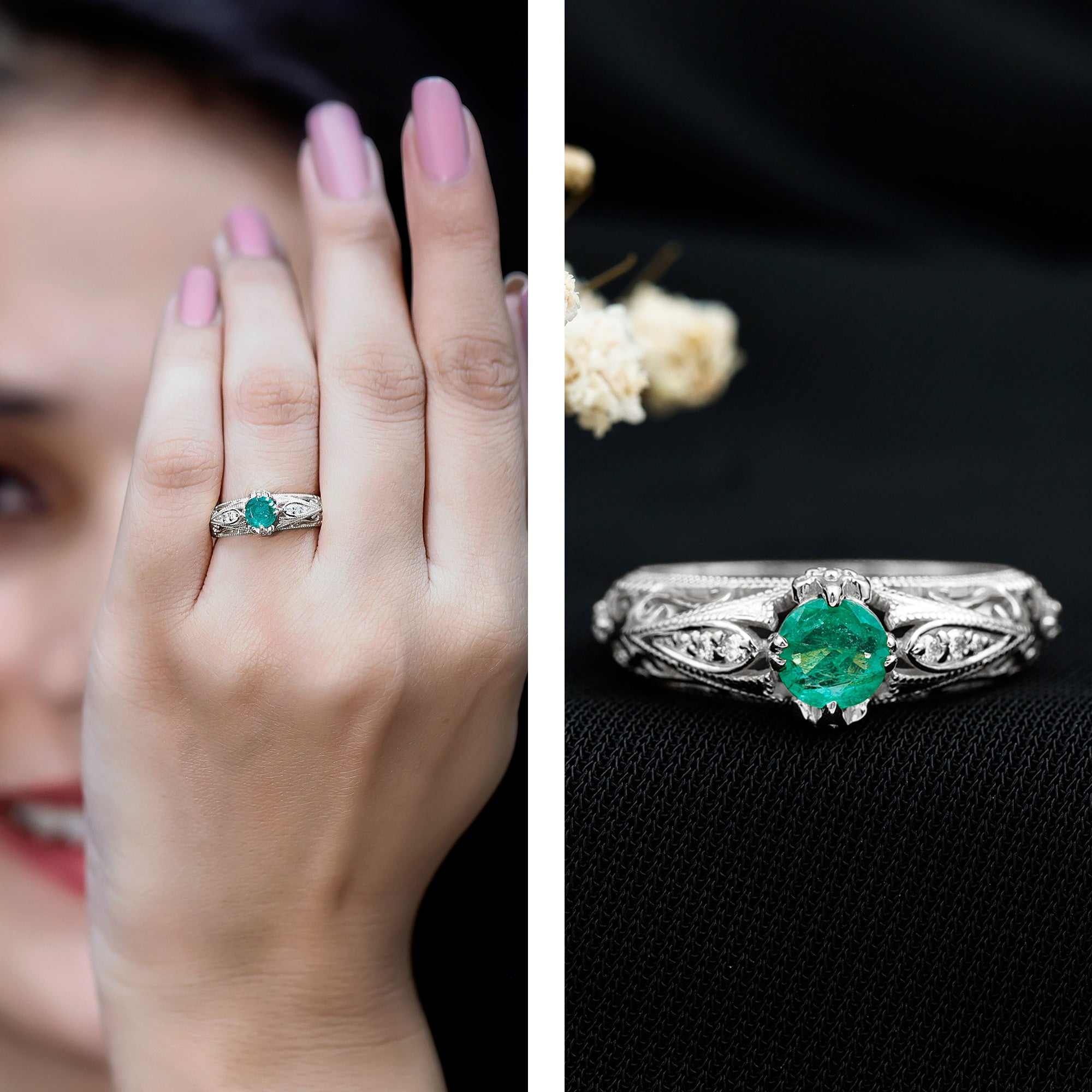 Emerald Engagement Ring – Vintage Inspired Solitaire Emerald Diamond Band