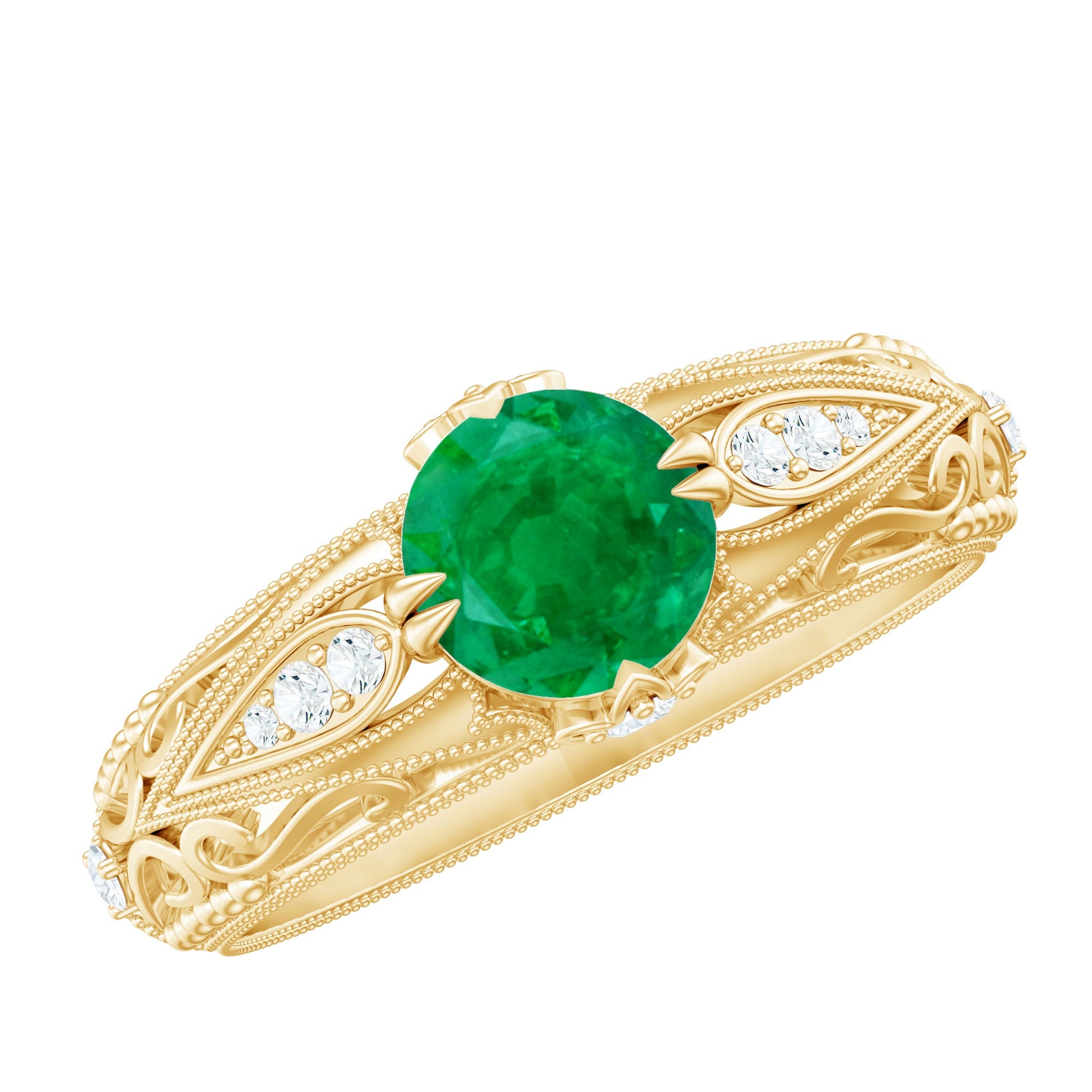 Emerald Engagement Ring – Vintage Inspired Solitaire Emerald Diamond Band