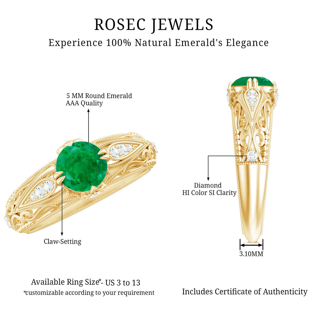 Emerald Engagement Ring – Vintage Inspired Solitaire Emerald Diamond Band