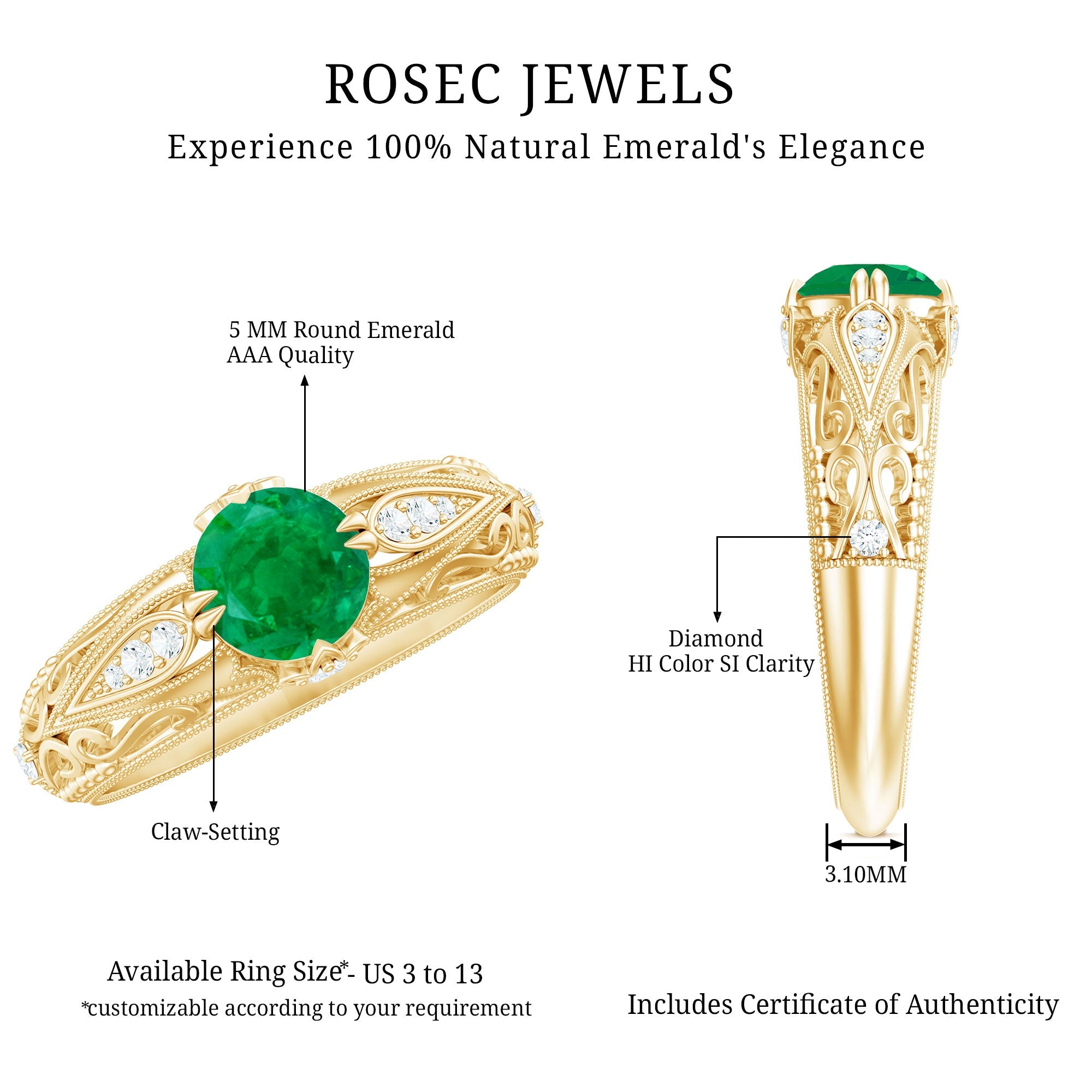 Emerald Engagement Ring – Vintage Inspired Solitaire Emerald Diamond Band