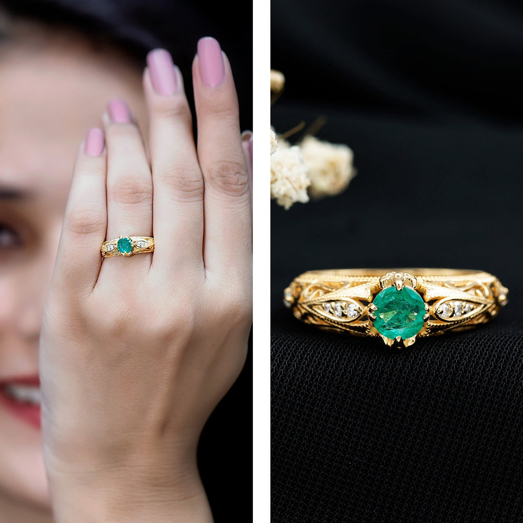 Emerald Engagement Ring – Vintage Inspired Solitaire Emerald Diamond Band