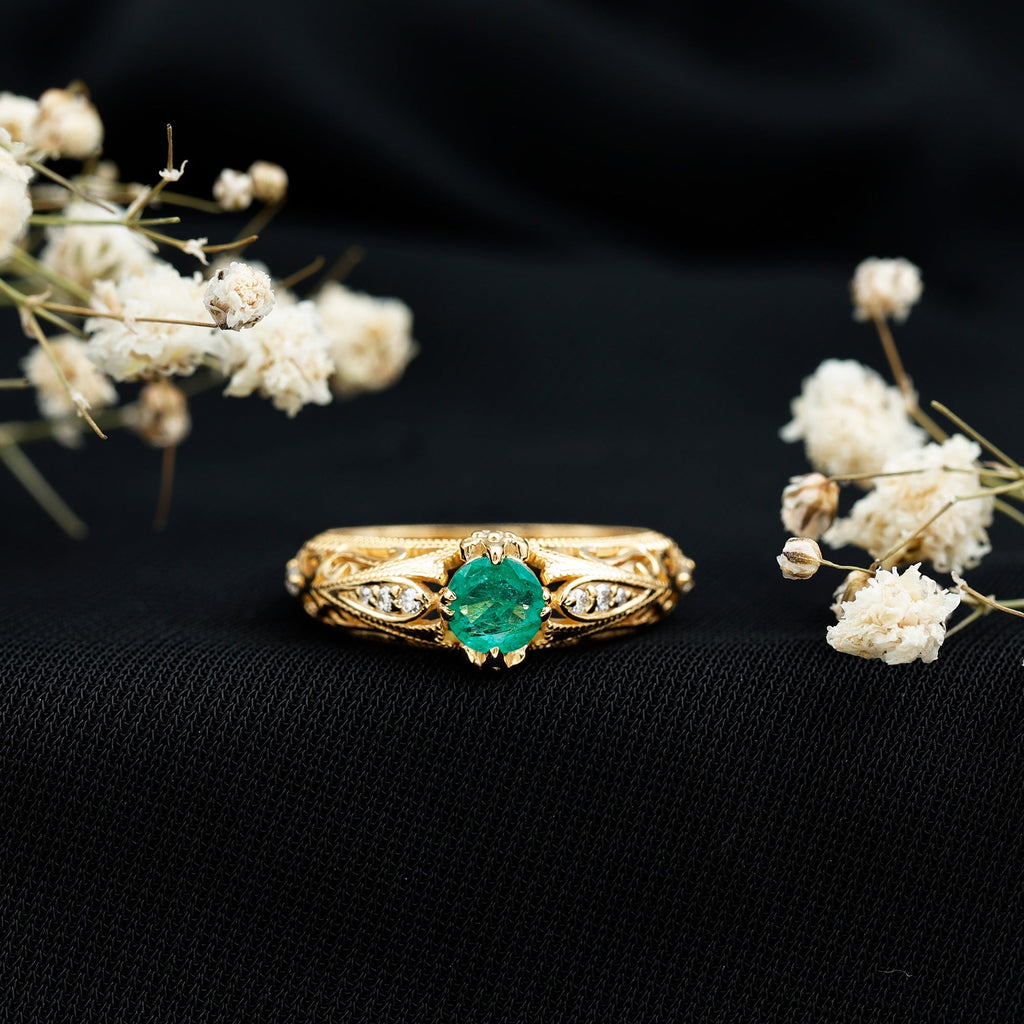 Emerald Engagement Ring – Vintage Inspired Solitaire Emerald Diamond Band