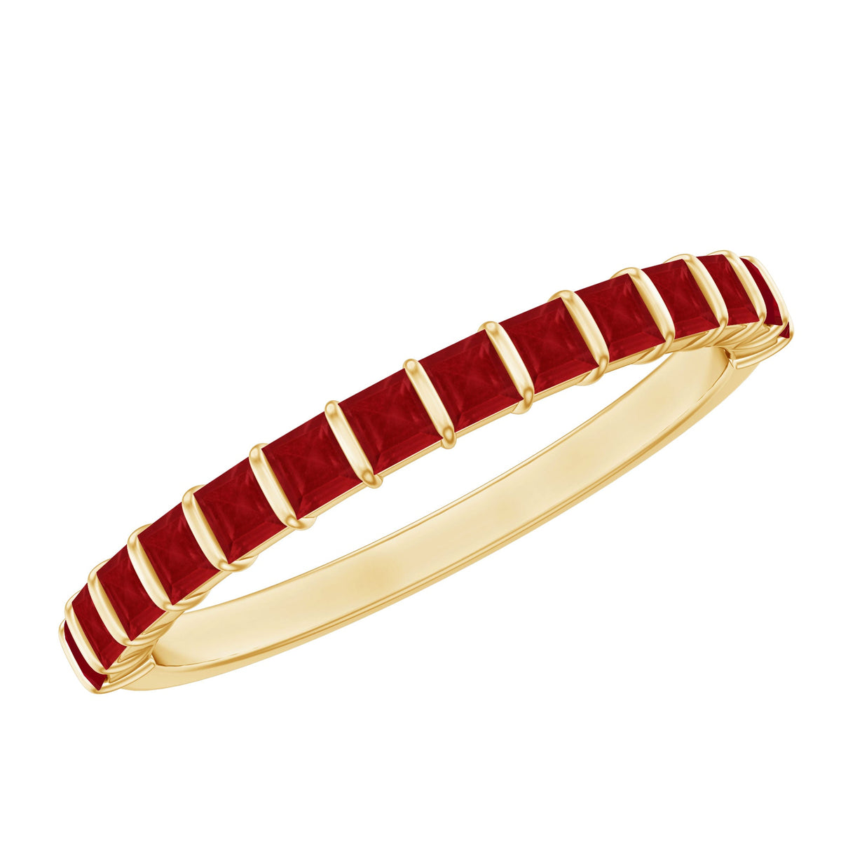 Ruby Eternity Ring – Princess Cut Ruby Half Eternity Band in Bar Setting