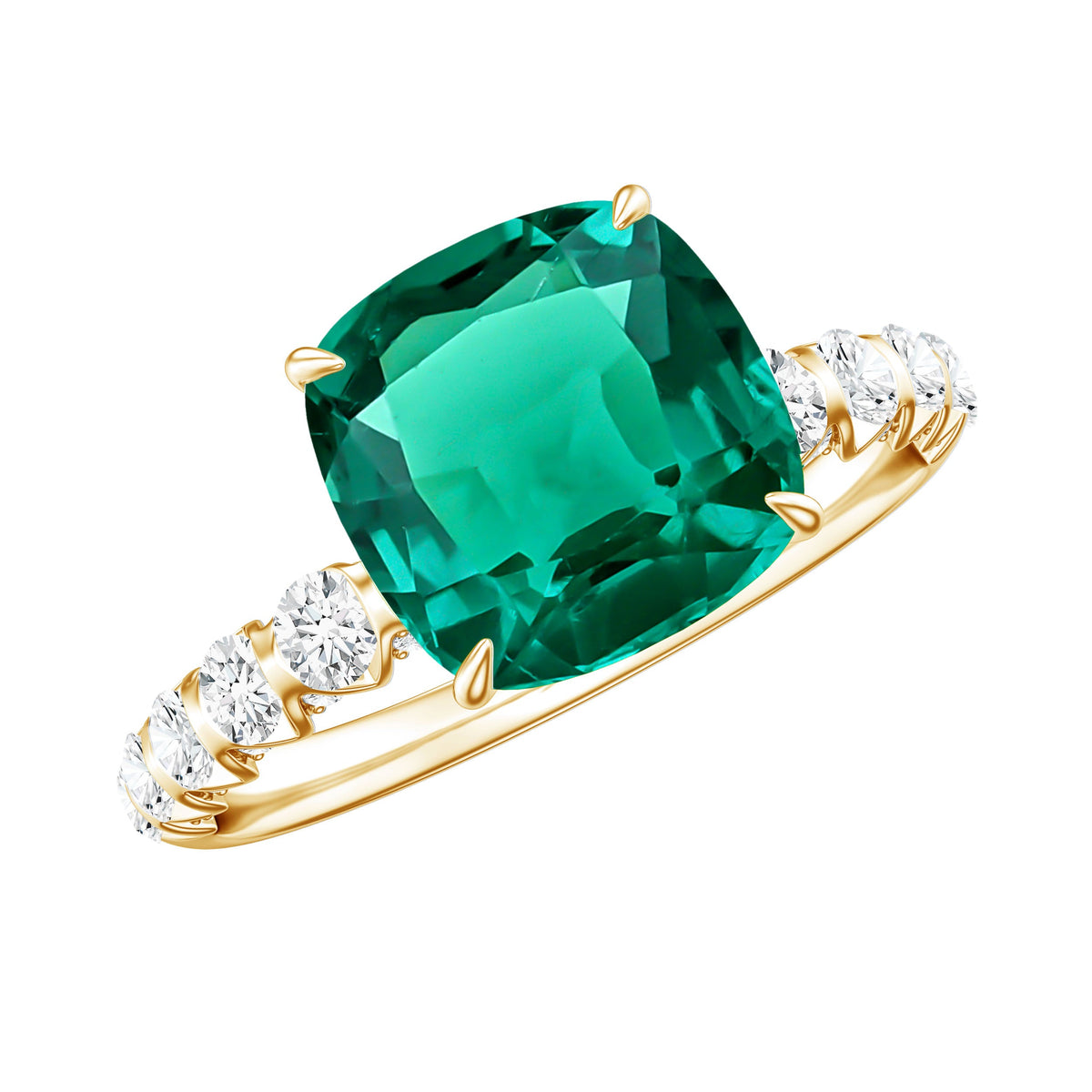 Lab Grown Emerald Engagement Ring – Cushion Cut Green Gemstone with Diamond Side Stones