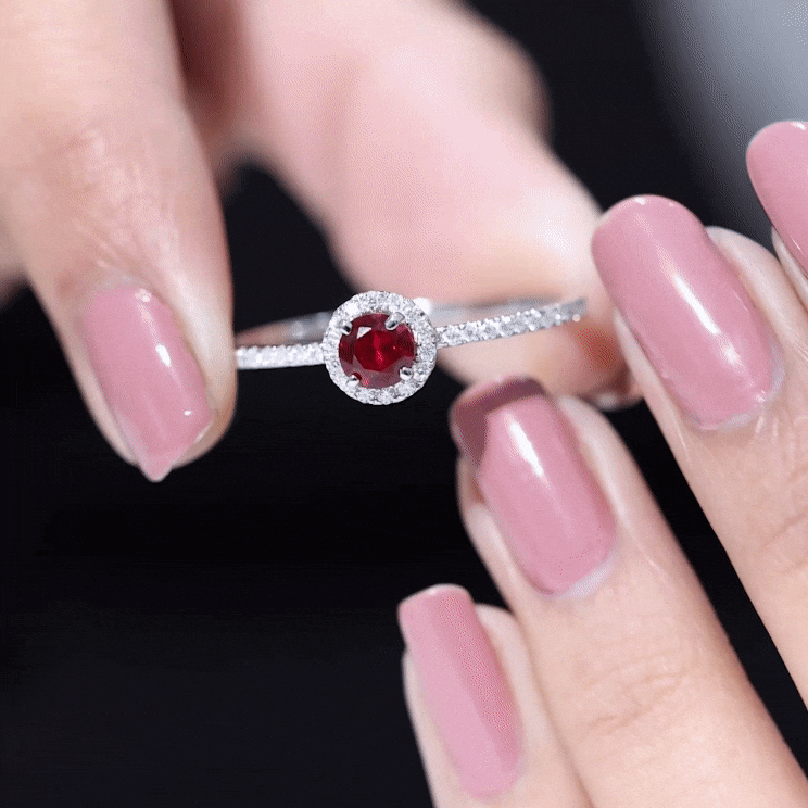 Lab Created Ruby Ring – Minimal Diamond Halo Engagement Ring in Yellow Gold Band