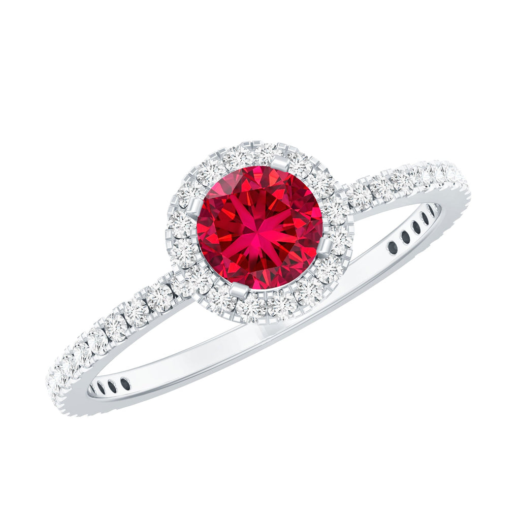 Lab Created Ruby Ring – Minimal Diamond Halo Engagement Ring in Yellow Gold Band
