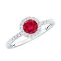 Lab Created Ruby Ring – Minimal Diamond Halo Engagement Ring in Yellow Gold Band