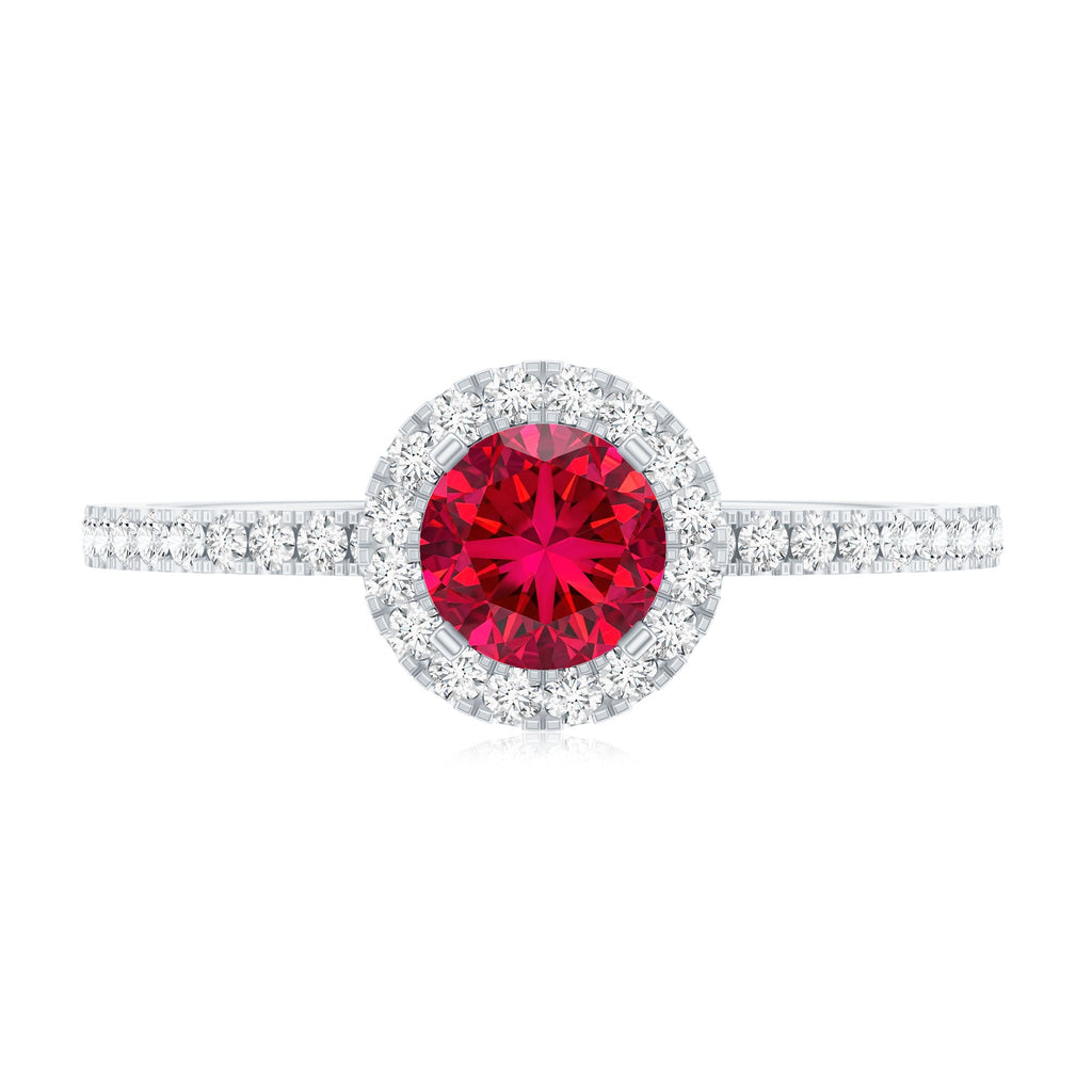 Lab Created Ruby Ring – Minimal Diamond Halo Engagement Ring in Yellow Gold Band
