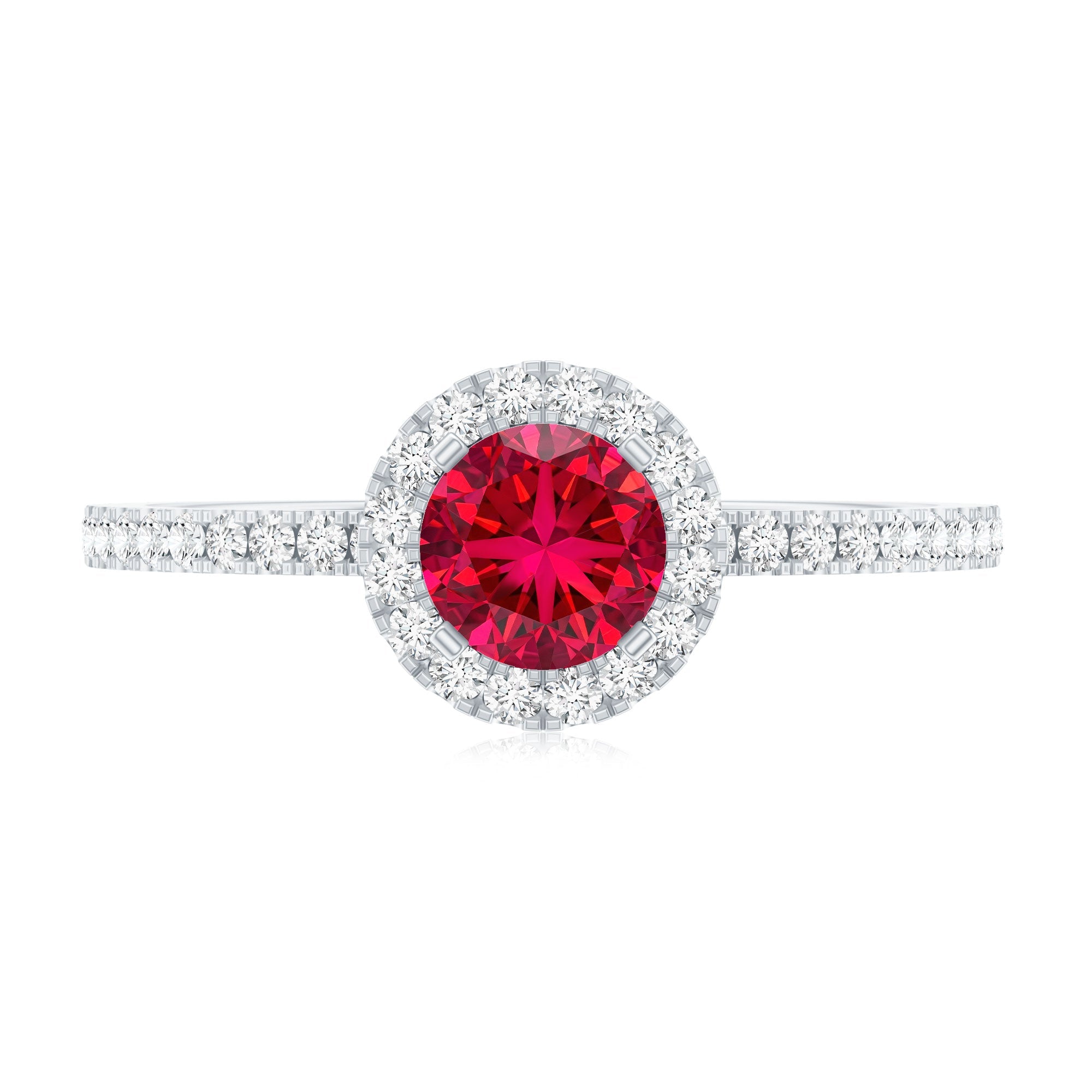 Lab Created Ruby Ring – Minimal Diamond Halo Engagement Ring in Yellow Gold Band