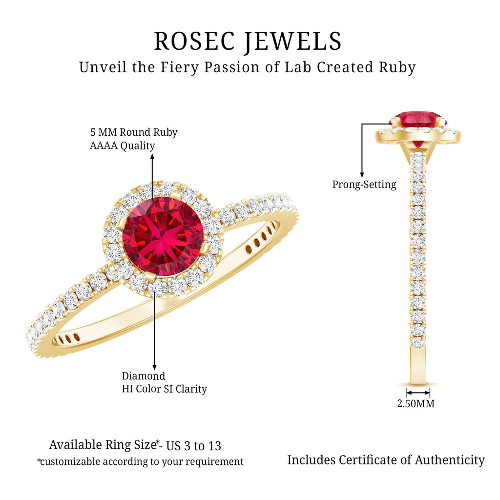 Lab Created Ruby Ring – Minimal Diamond Halo Engagement Ring in Yellow Gold Band