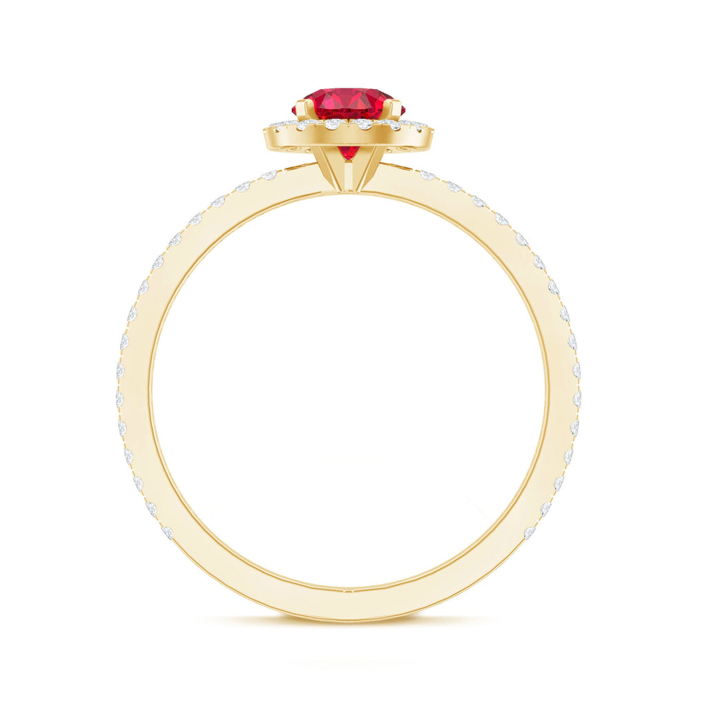Lab Created Ruby Ring – Minimal Diamond Halo Engagement Ring in Yellow Gold Band