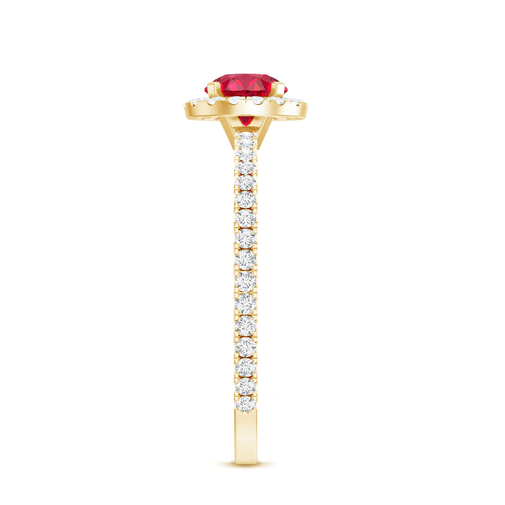 Lab Created Ruby Ring – Minimal Diamond Halo Engagement Ring in Yellow Gold Band