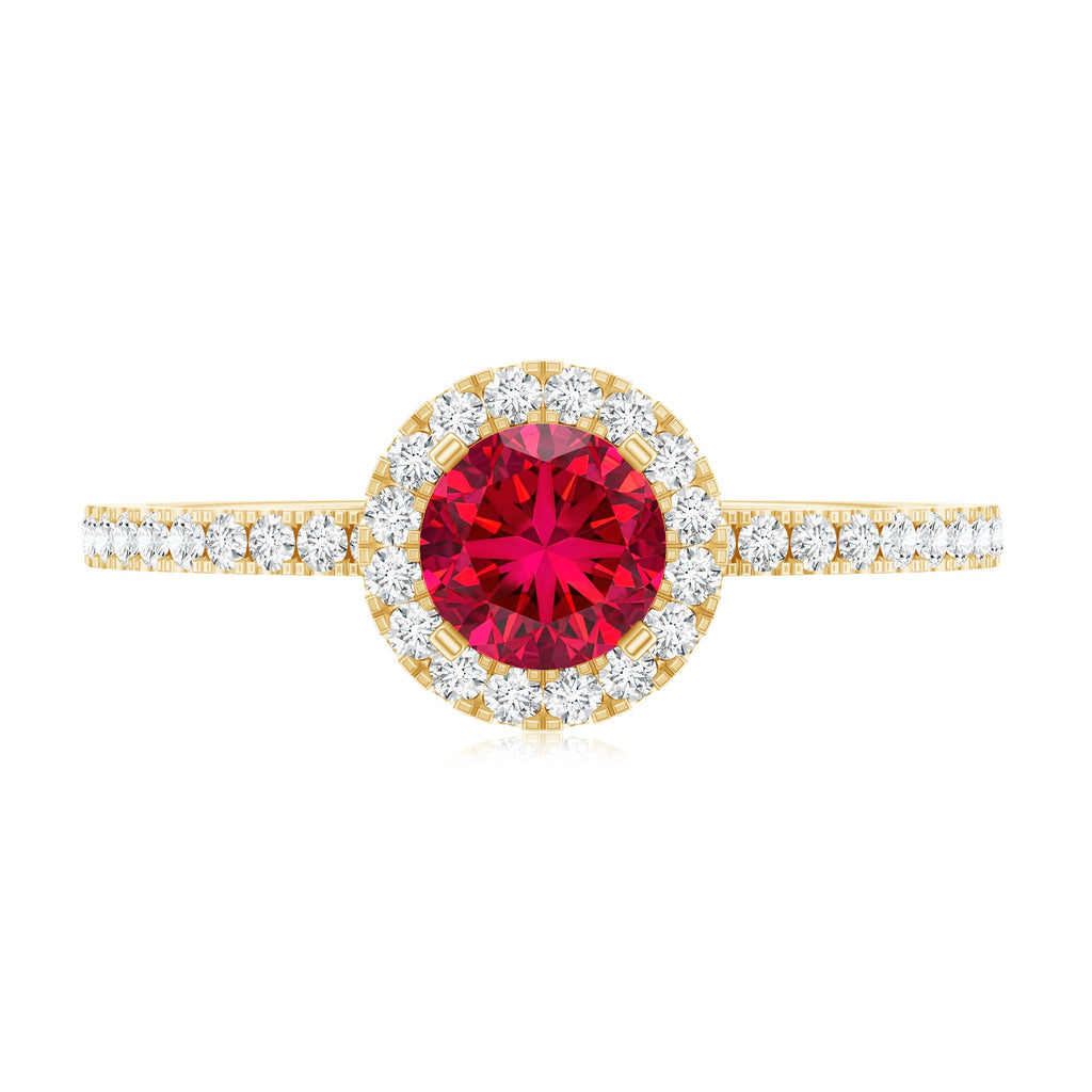Lab Created Ruby Ring – Minimal Diamond Halo Engagement Ring in Yellow Gold Band