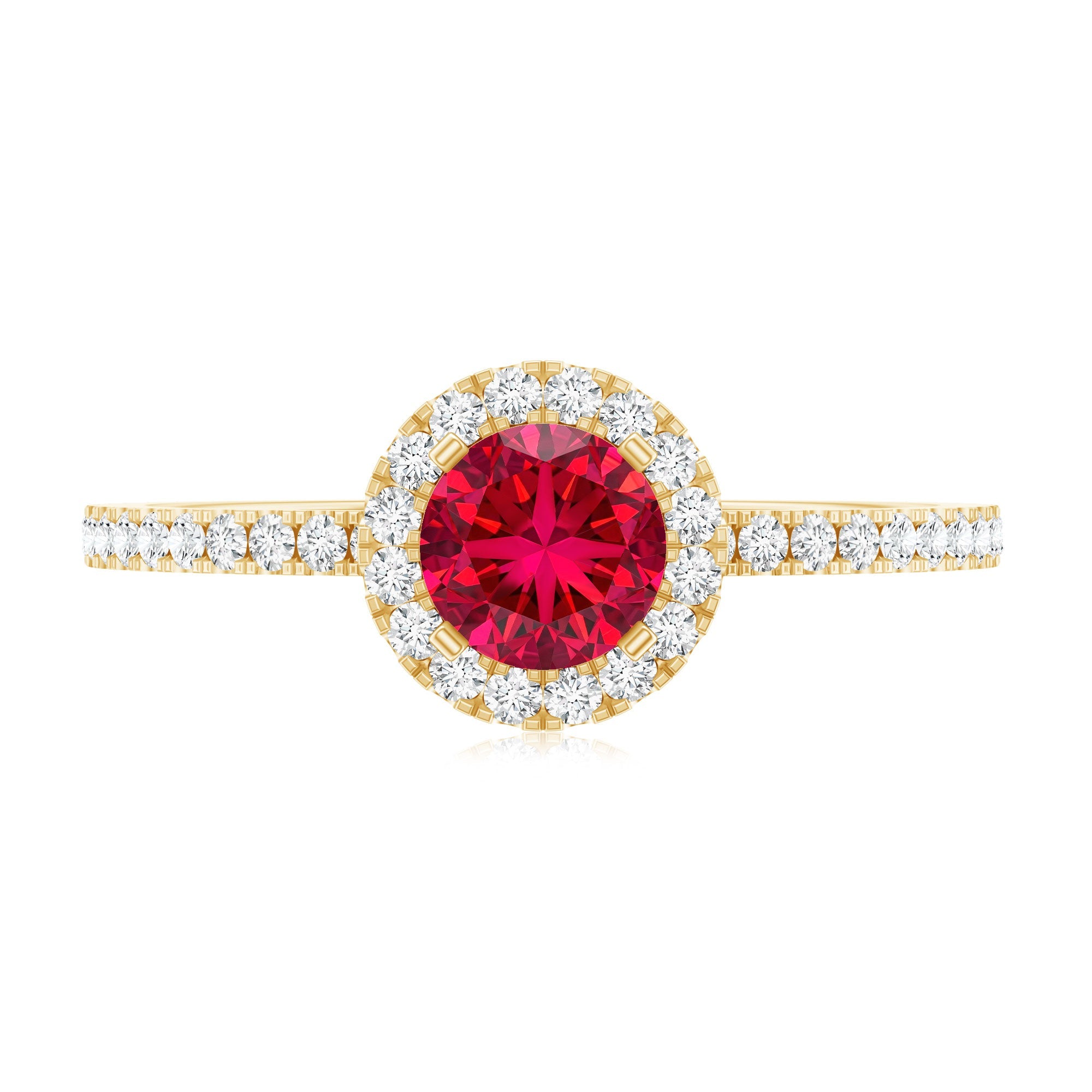 Lab Created Ruby Ring – Minimal Diamond Halo Engagement Ring in Yellow Gold Band