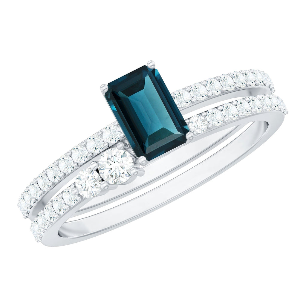 4X6mm Emerald Cut London Blue Topaz Wedding Ring Set with Diamond