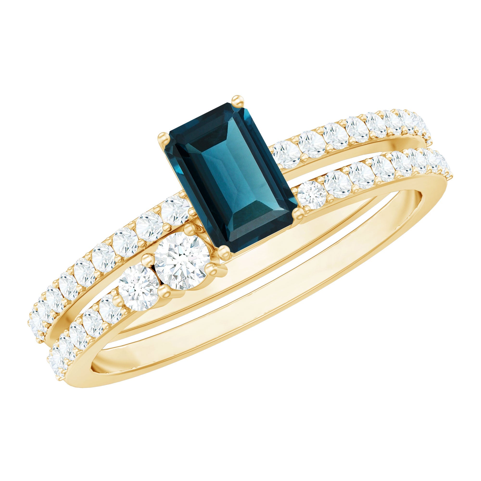 0.7 Carat Emerald Cut London Blue Topaz Wedding Ring Set with Diamond