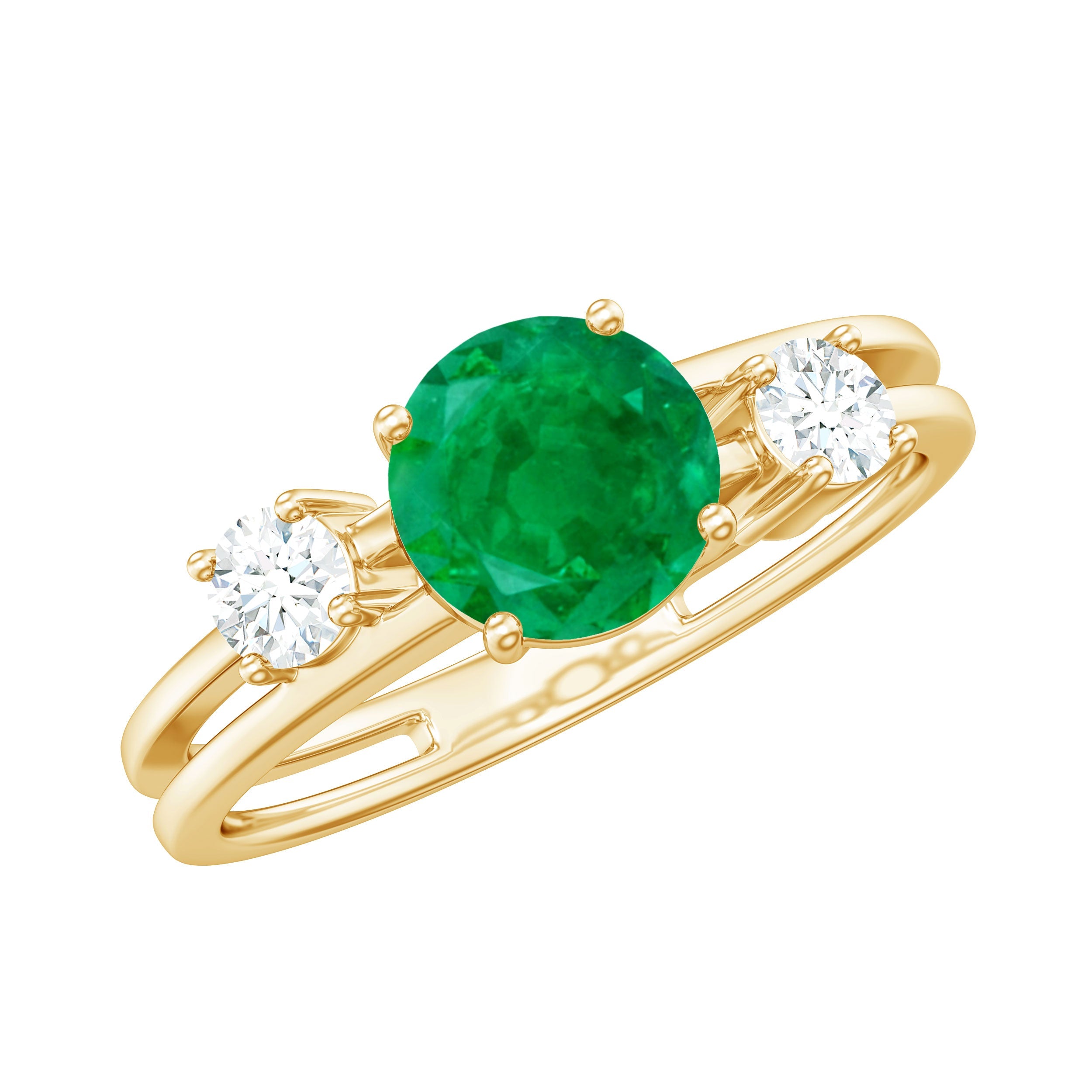 Emerald Diamond Engagement Ring – Three Stone Double Band With AAA Quality Emerald