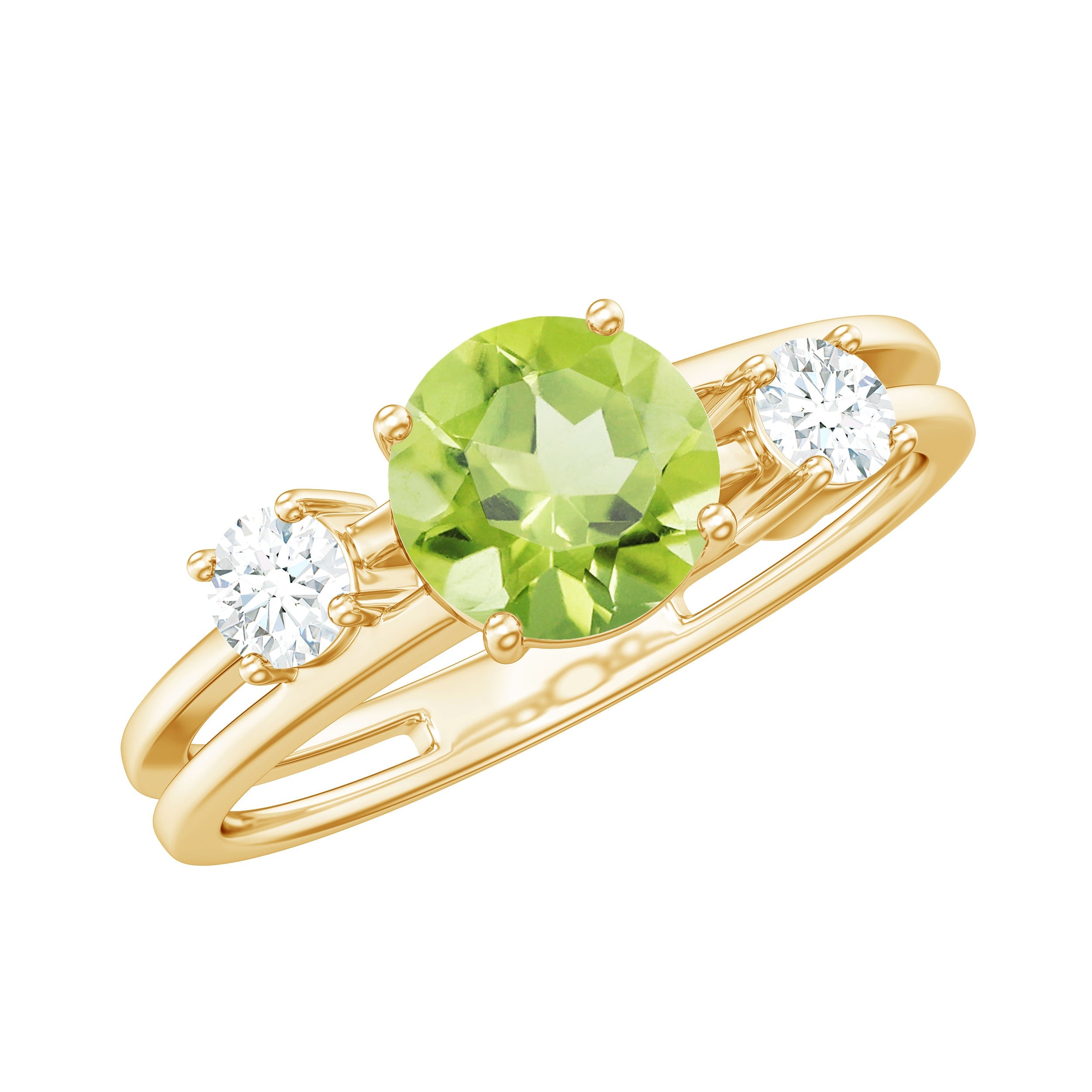 Peridot Engagement Ring – 2 Carat AAA Quality Peridot Double Band Ring with Diamonds