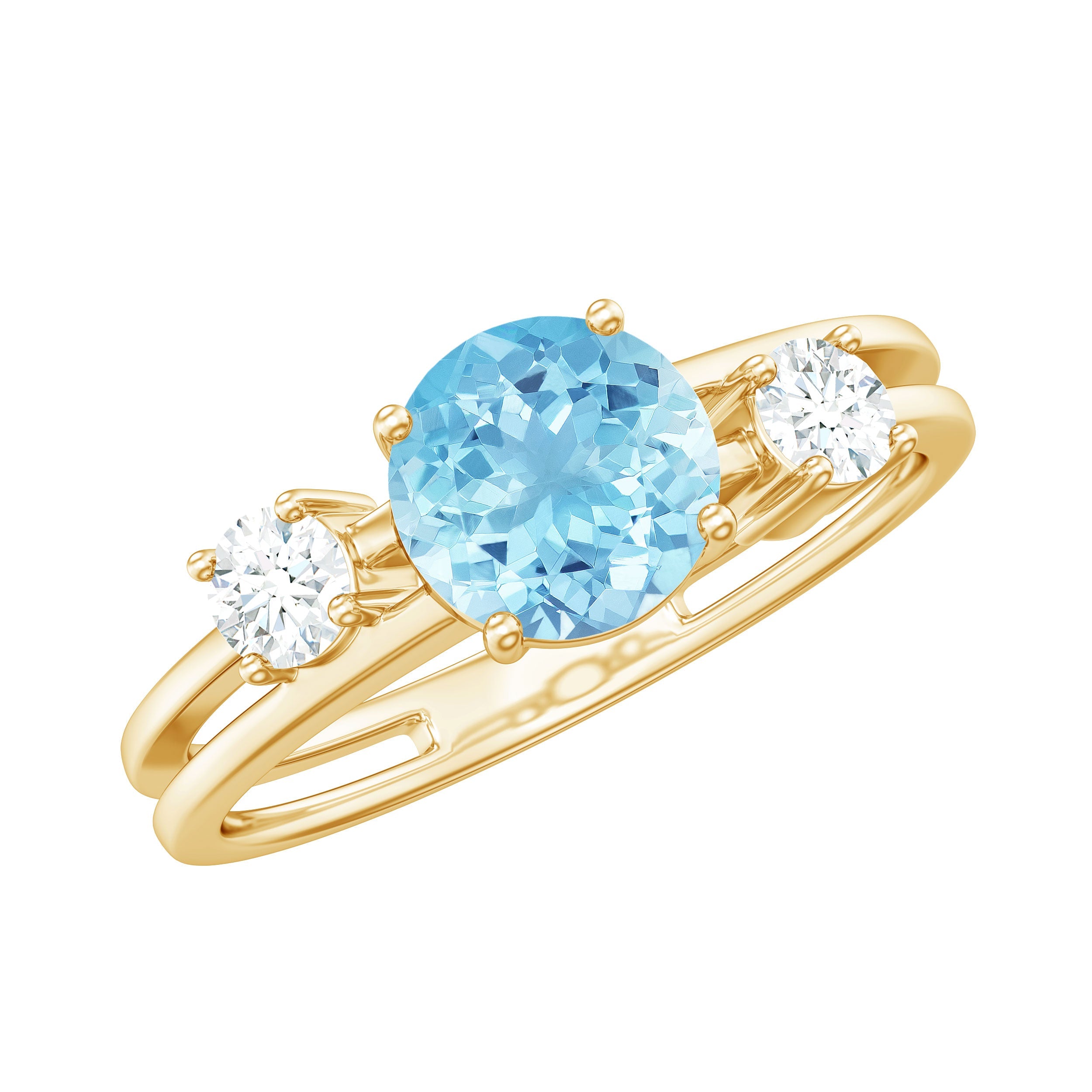 Aquamarine Engagement Ring – Three Stone Ring with Double Band Shank Design